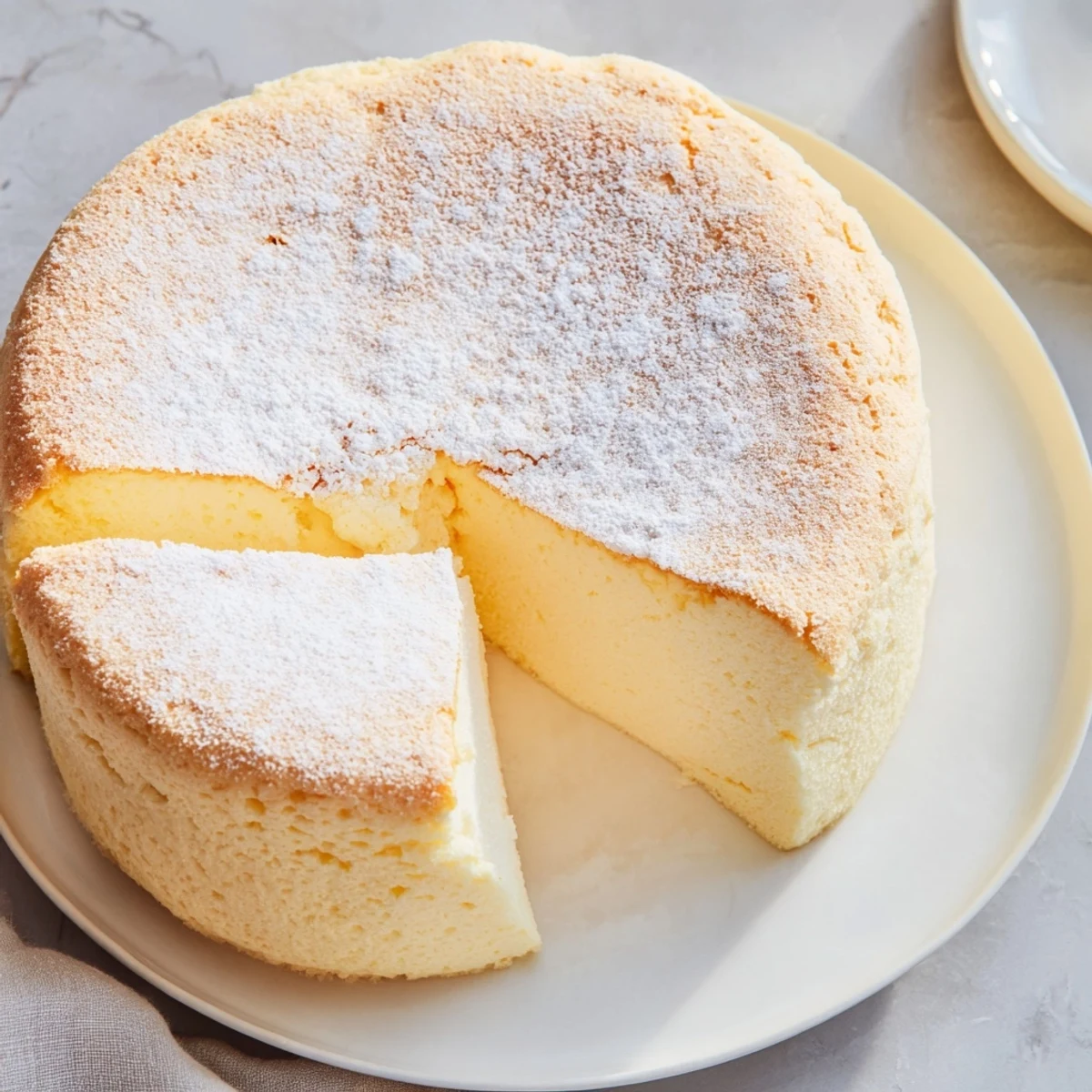 Light and airy Japanese cheesecake slice revealing delicate interior, served with fresh strawberries and mint garnish.