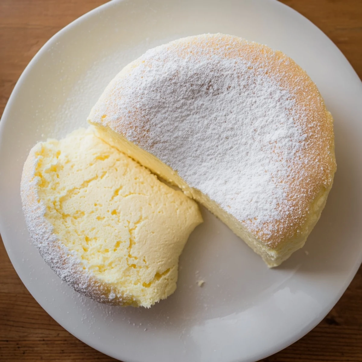 Baked Japanese cheesecake with smooth creamy texture and golden-brown top, displayed on a rustic wooden serving board.