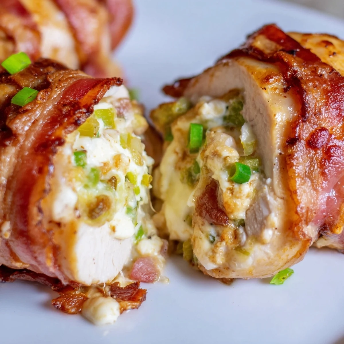 Crispy bacon-wrapped chicken breasts stuffed with spicy jalapeño cheese filling on a white plate