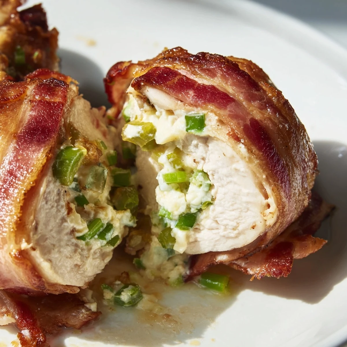 Juicy oven-baked chicken featuring creamy cheddar jalapeño stuffing wrapped in crispy smoked bacon slices