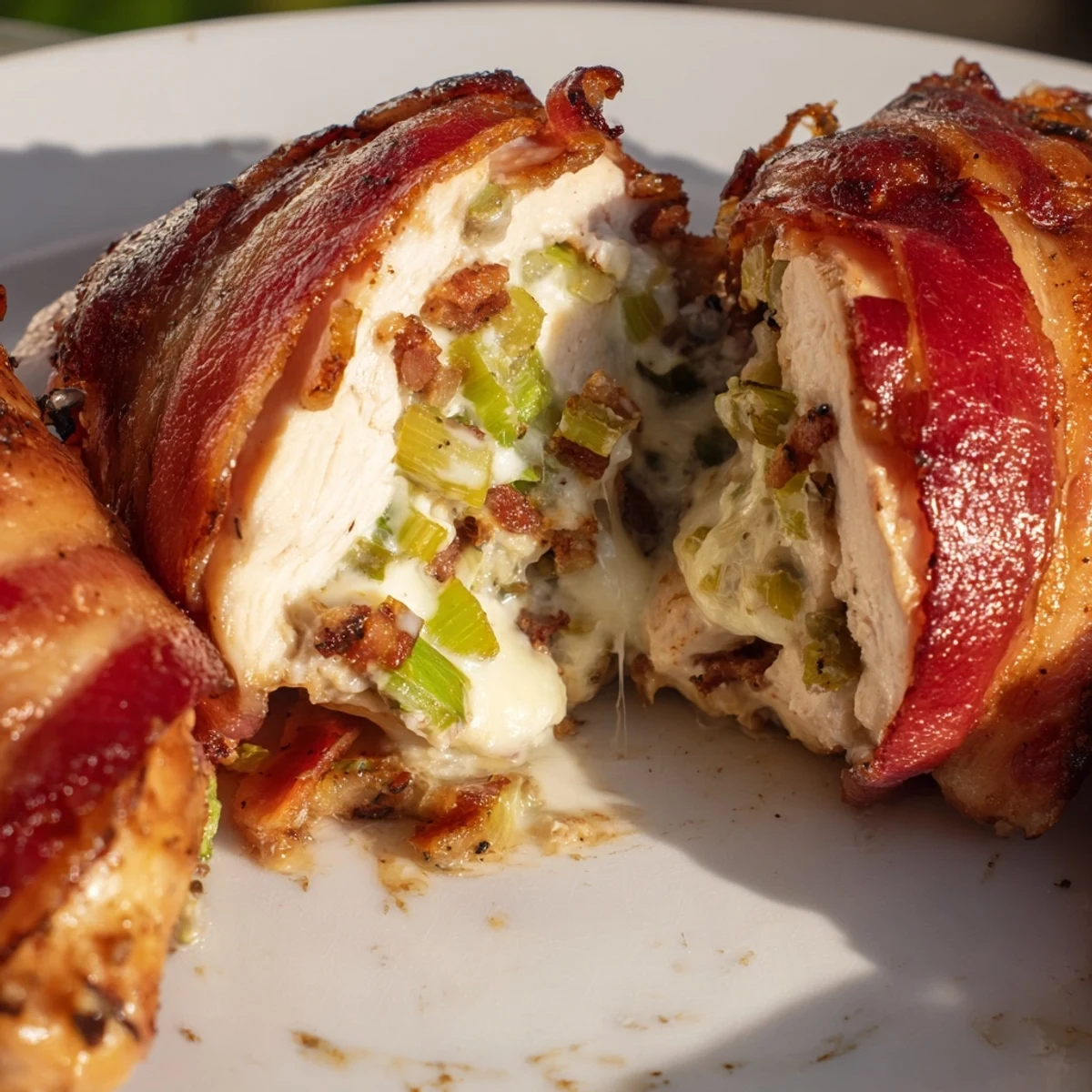 Golden brown bacon-wrapped chicken breast stuffed with melted jalapeño popper cheese, ready to serve