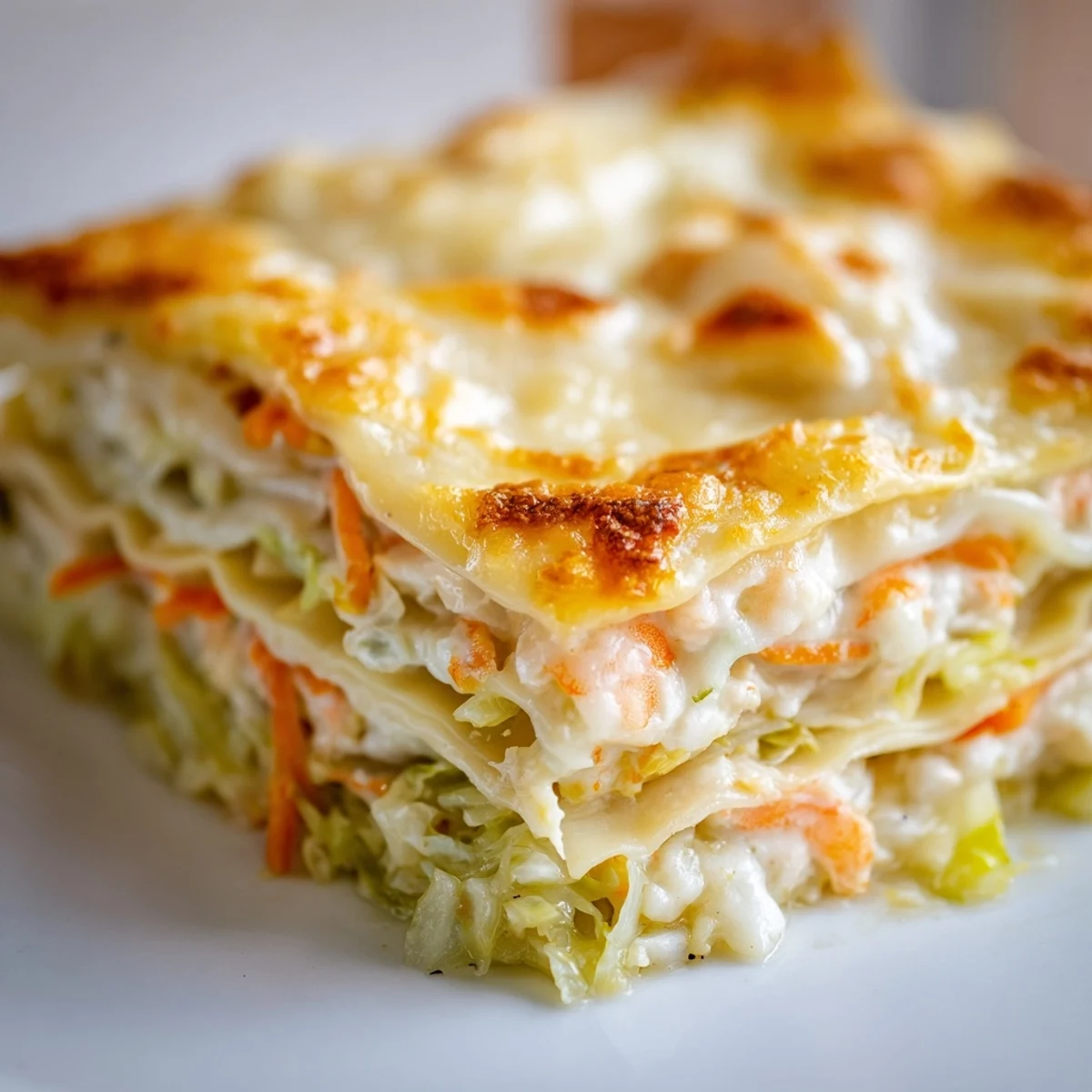 Steaming shrimp dumpling lasagna casserole with golden cheesy crust and rich Asian-Italian flavors