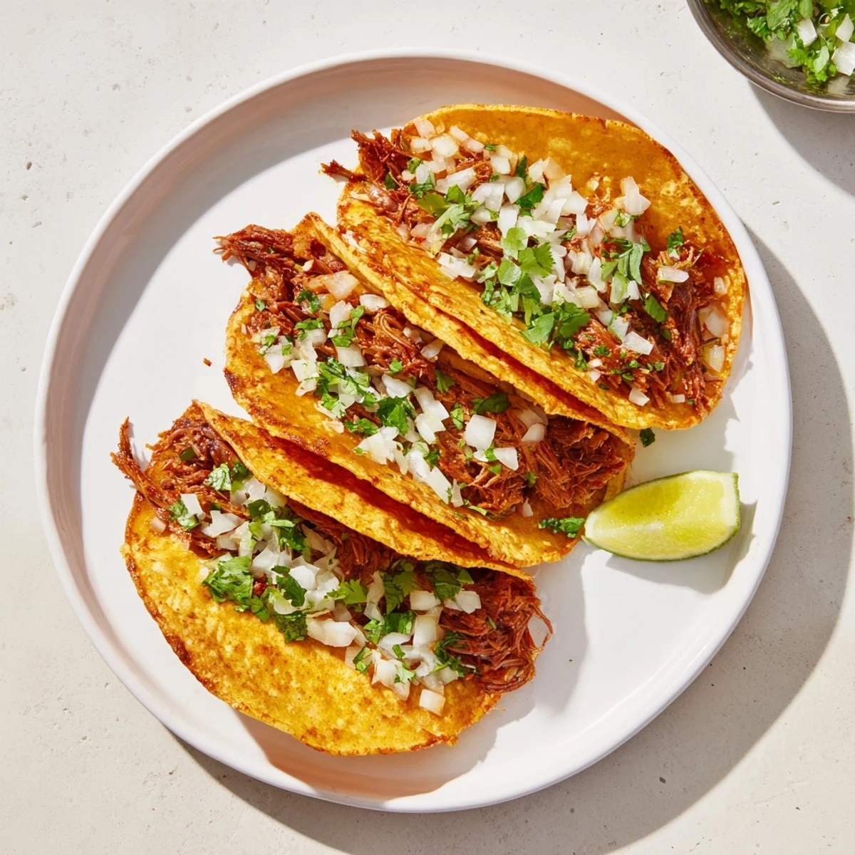 Super crispy birria tacos with melted Oaxaca cheese and fresh cilantro garnish on a white plate