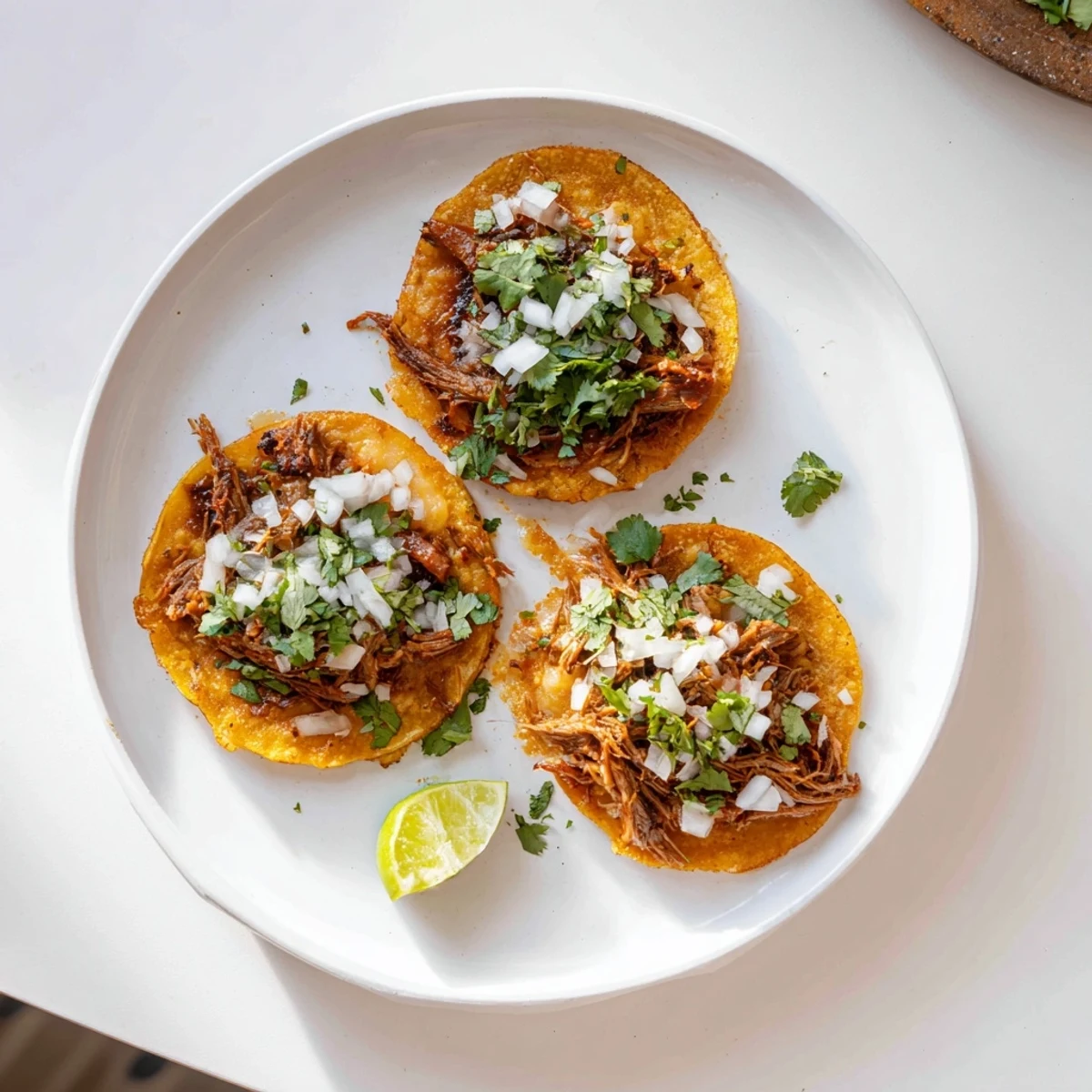 Golden pan-fried birria tacos filled with tender shredded beef served alongside rich red consommé dipping sauce