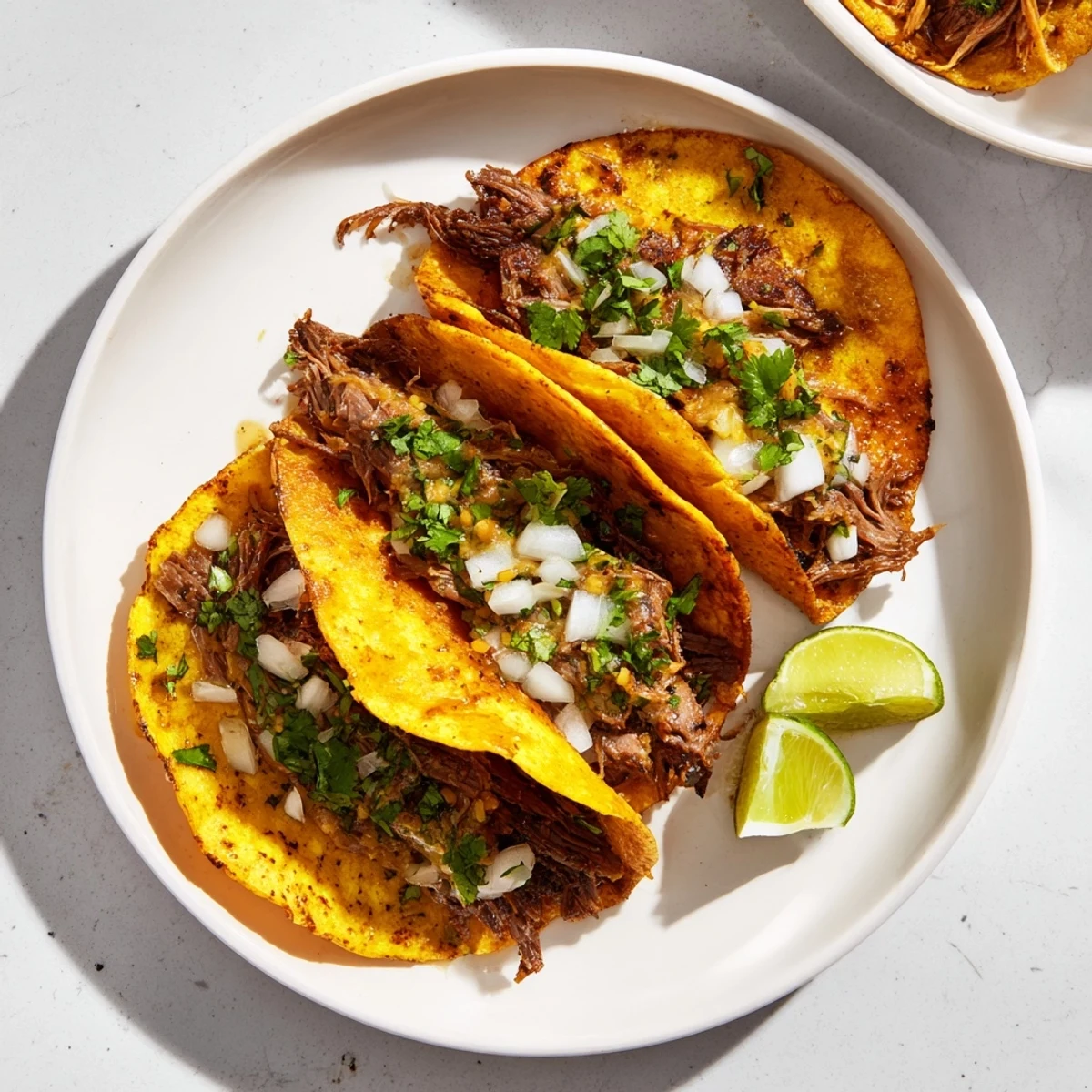 Mexican-style birria tacos featuring crispy corn tortillas stuffed with spiced beef and melted cheese