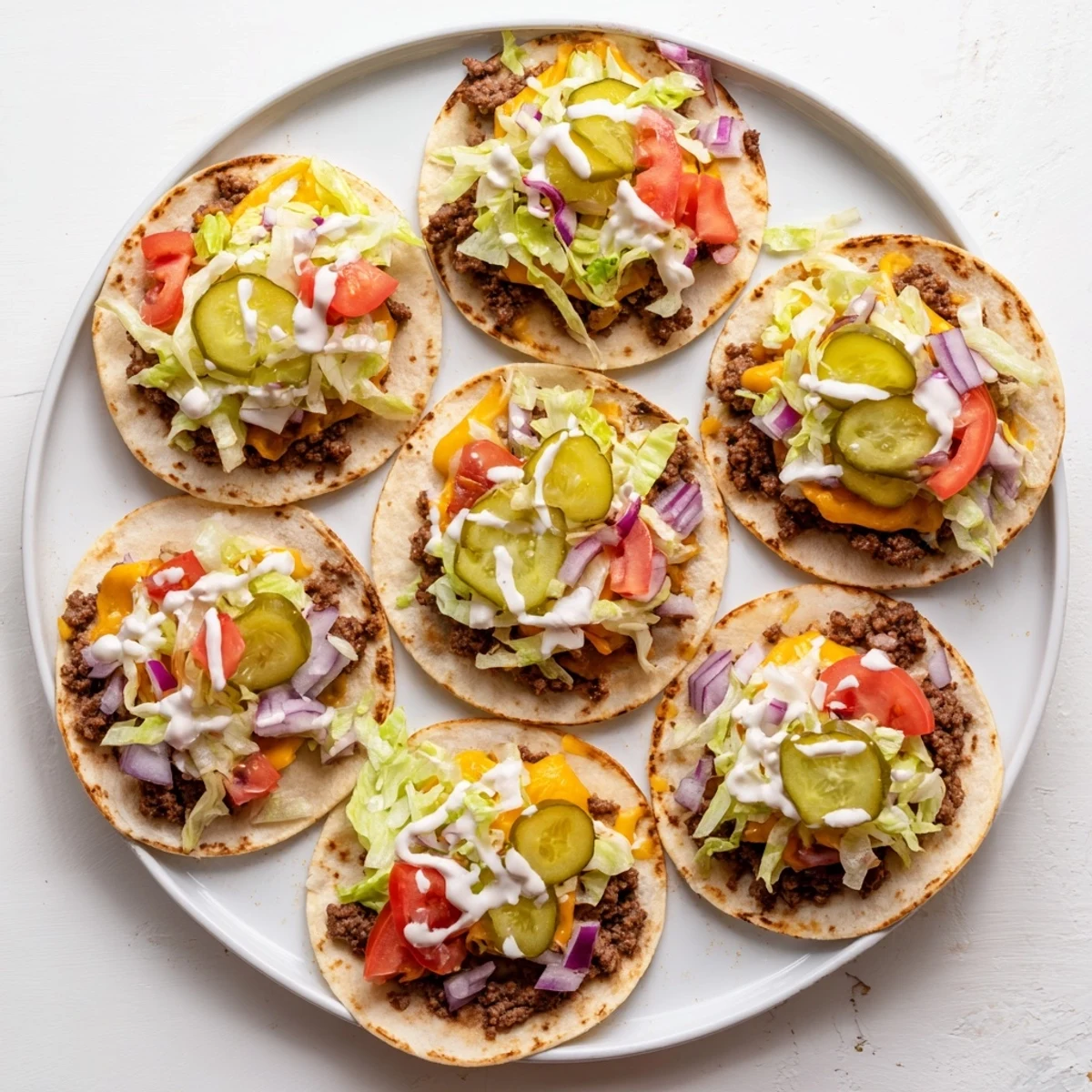 Juicy beef smash burger tacos topped with pickles, tomatoes, and tangy burger sauce on small tortillas