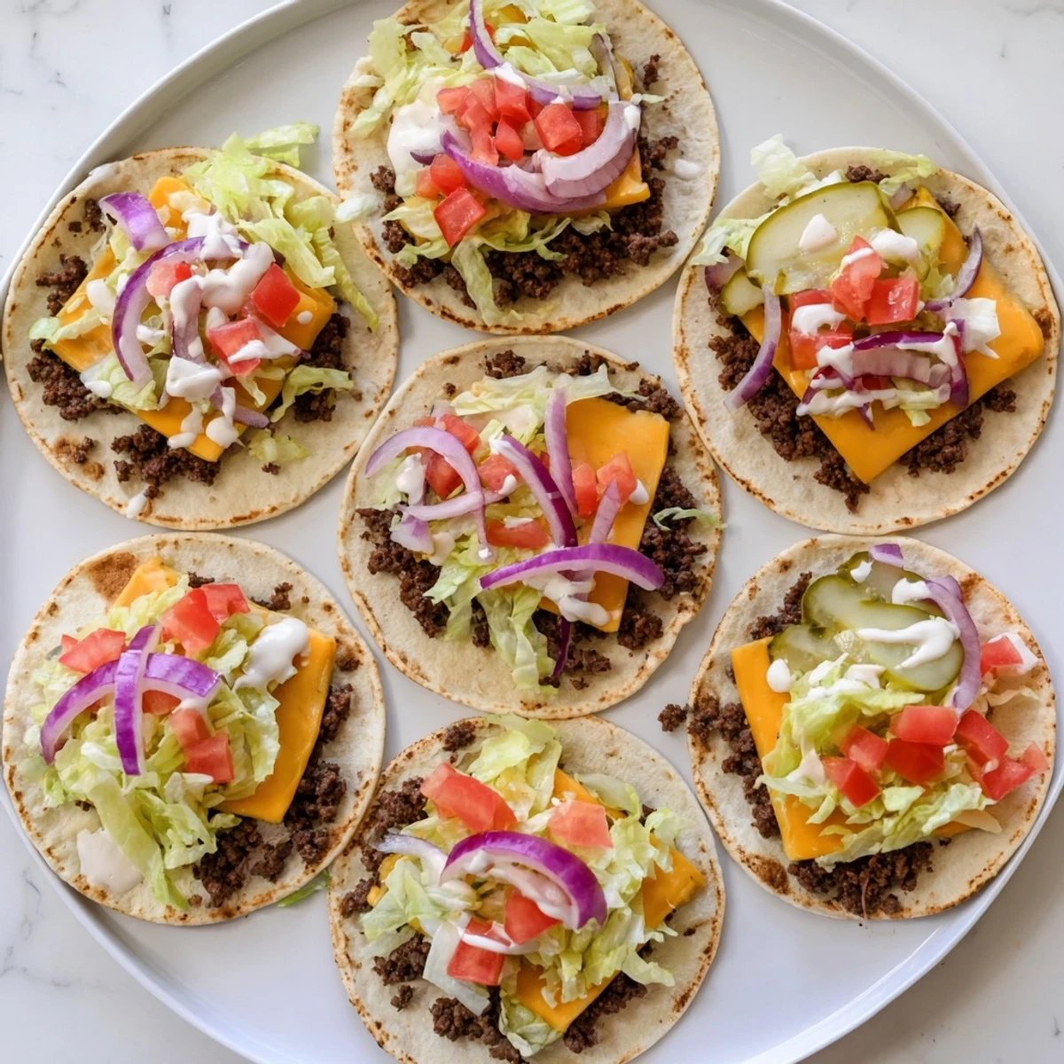 Golden brown smash burger tacos layered with melted cheddar, crisp onions, and diced red tomatoes