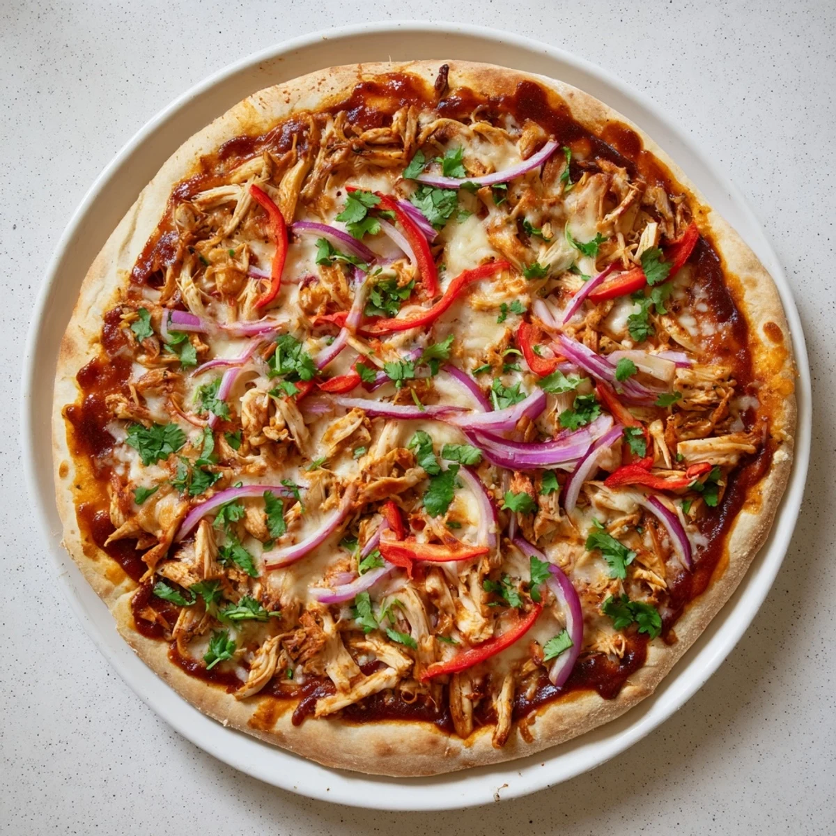 Golden homemade BBQ chicken pizza with melted cheese and fresh red onion slices