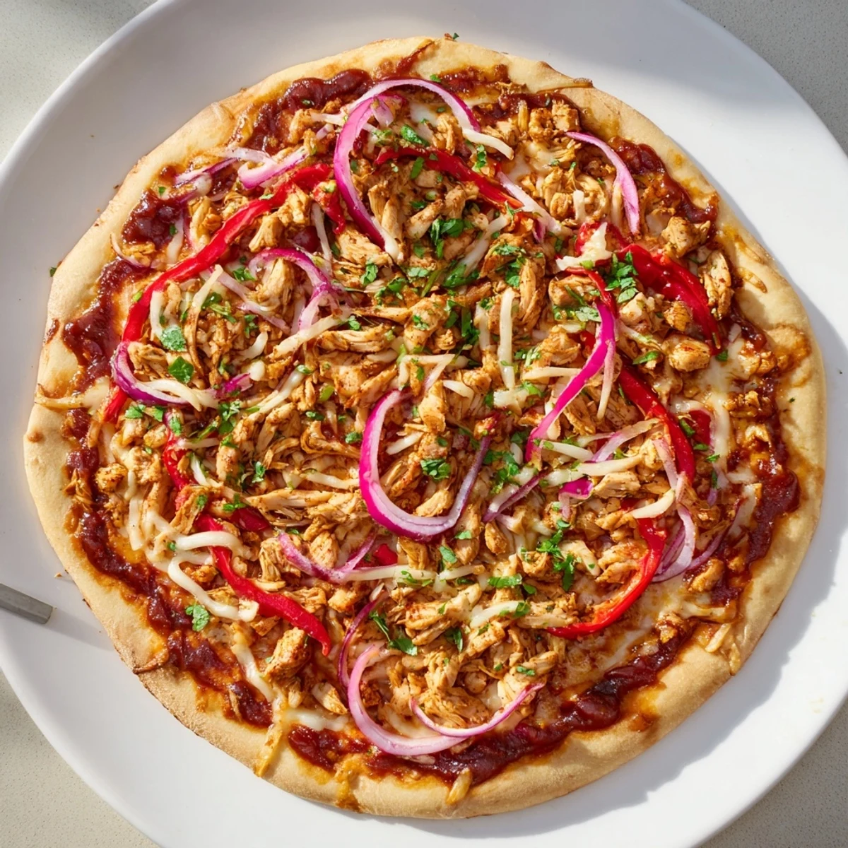 Savory BBQ chicken pizza bubbling with smoky mozzarella and colorful bell pepper toppings