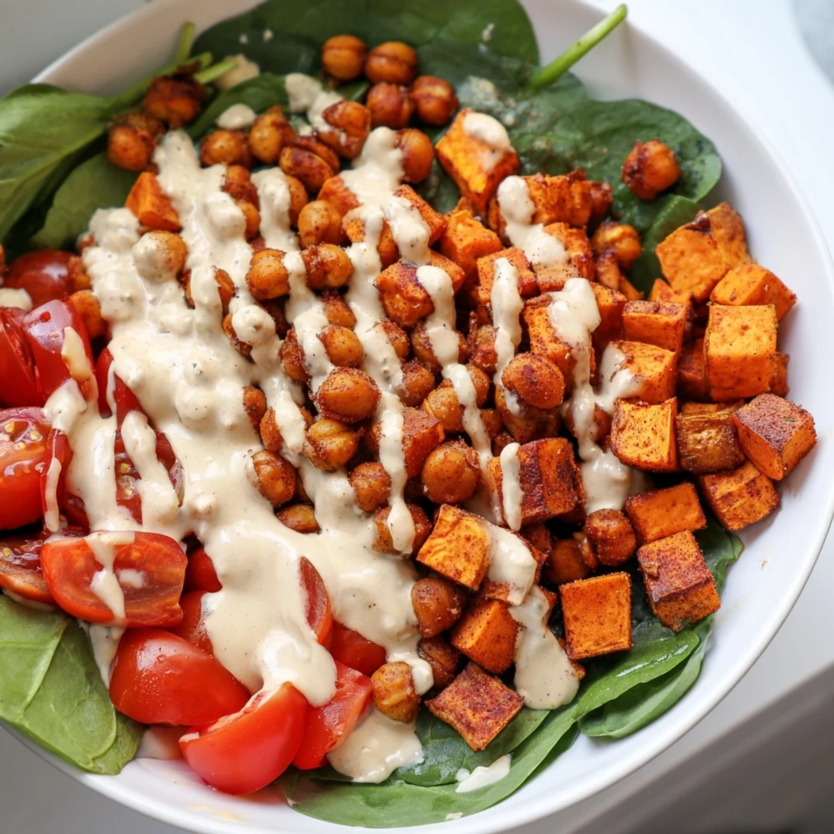 Nourishing hearty sweet potato bowl arranged with avocado slices and drizzled with tahini sauce