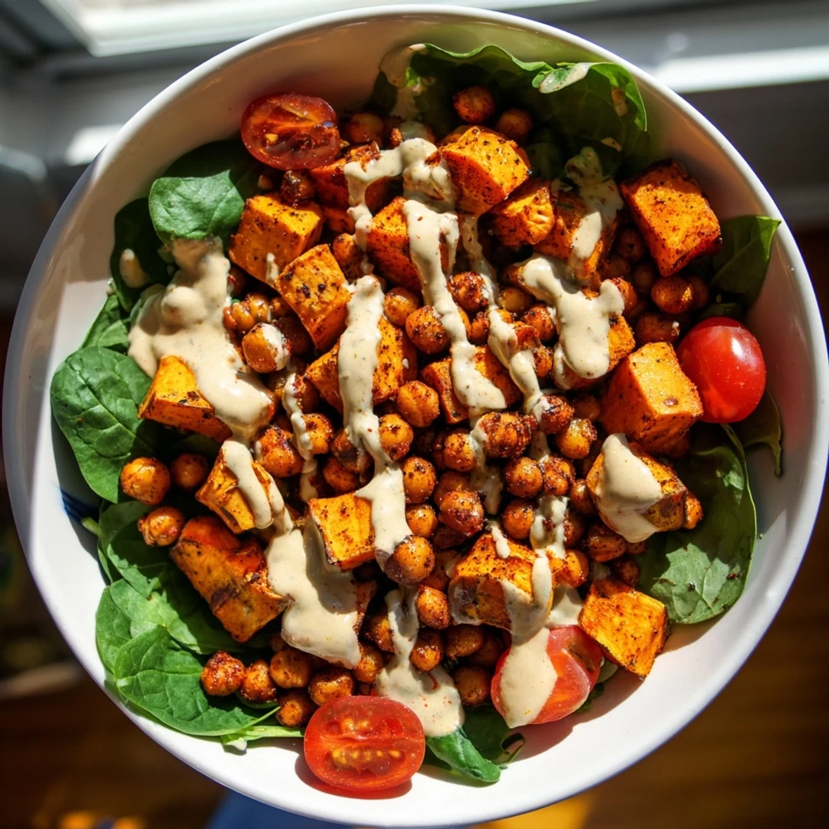 Golden roasted sweet potato bowl topped with crispy chickpeas and fresh colorful vegetables