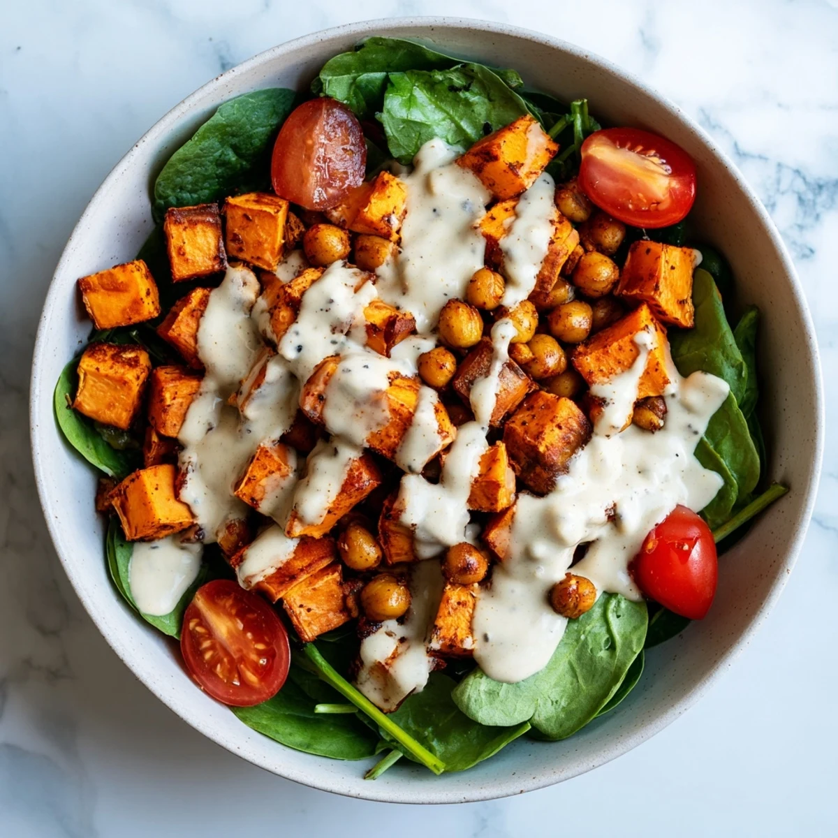 Vibrant hearty sweet potato bowl featuring creamy tahini dressing over roasted chickpeas and greens