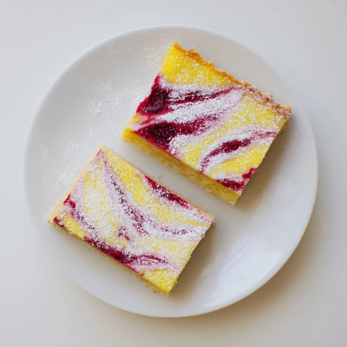Golden lemon raspberry swirl bars with a buttery shortbread crust and marbled fruit topping