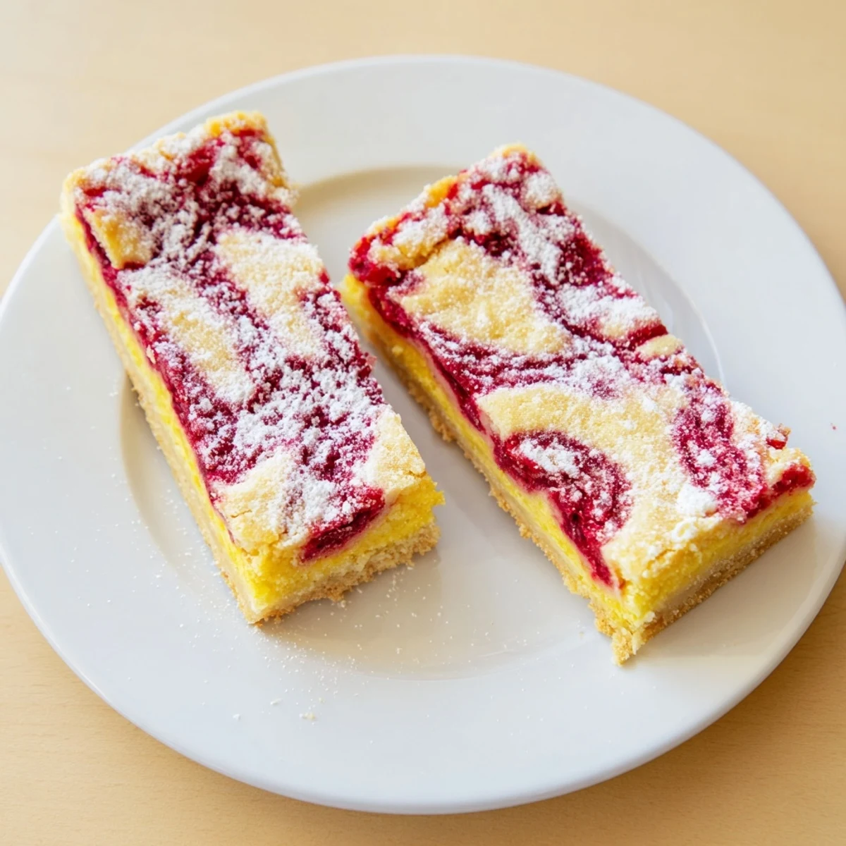 Dessert squares of lemon raspberry swirl bars dusted with powdered sugar on a white serving plate