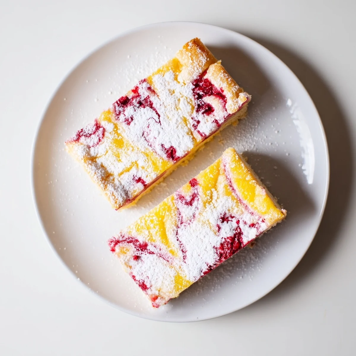 Freshly baked lemon raspberry swirl bars featuring vibrant raspberry ribbons swirled through tangy lemon curd