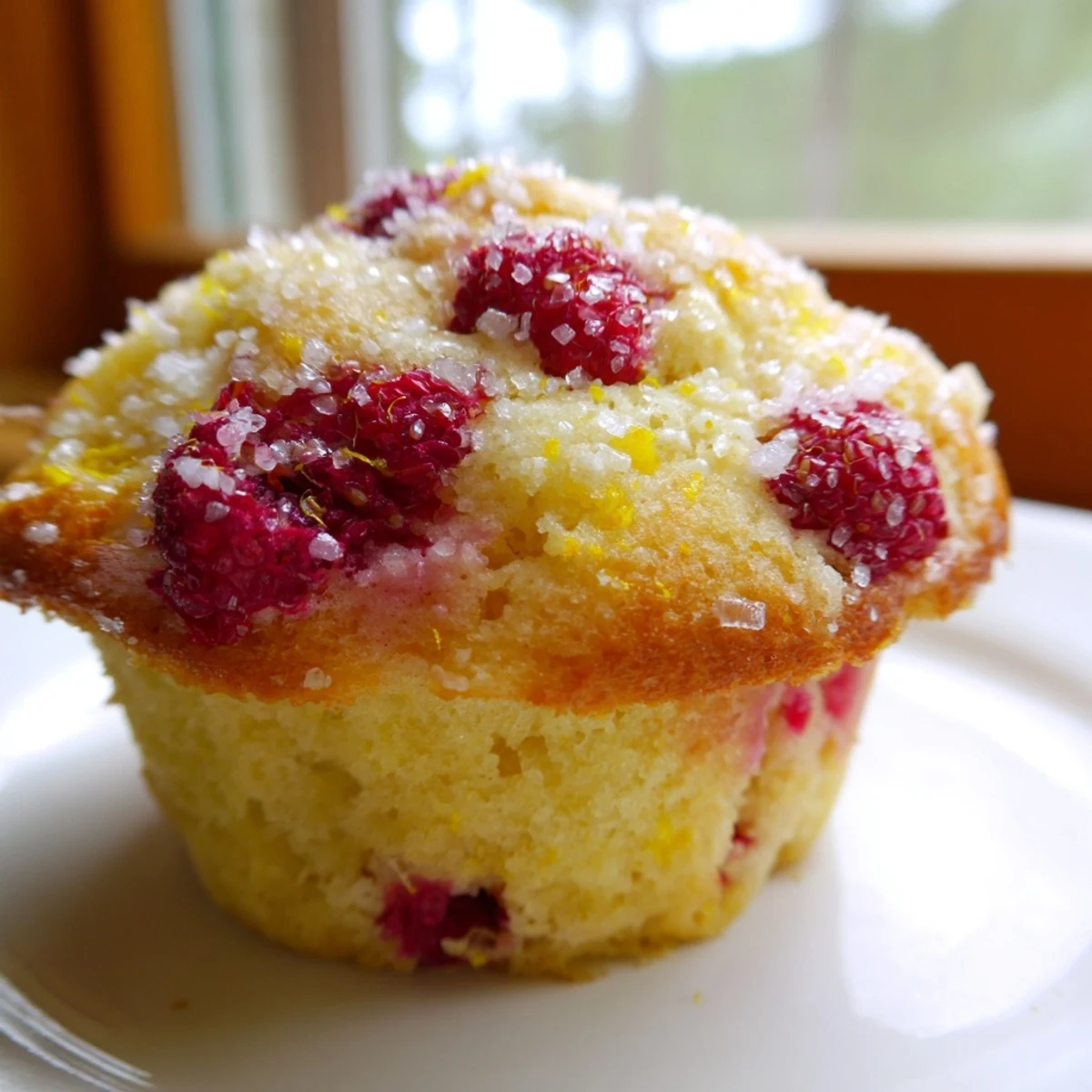 Golden lemon raspberry muffins with fresh berries peeking through a crumbly baked top