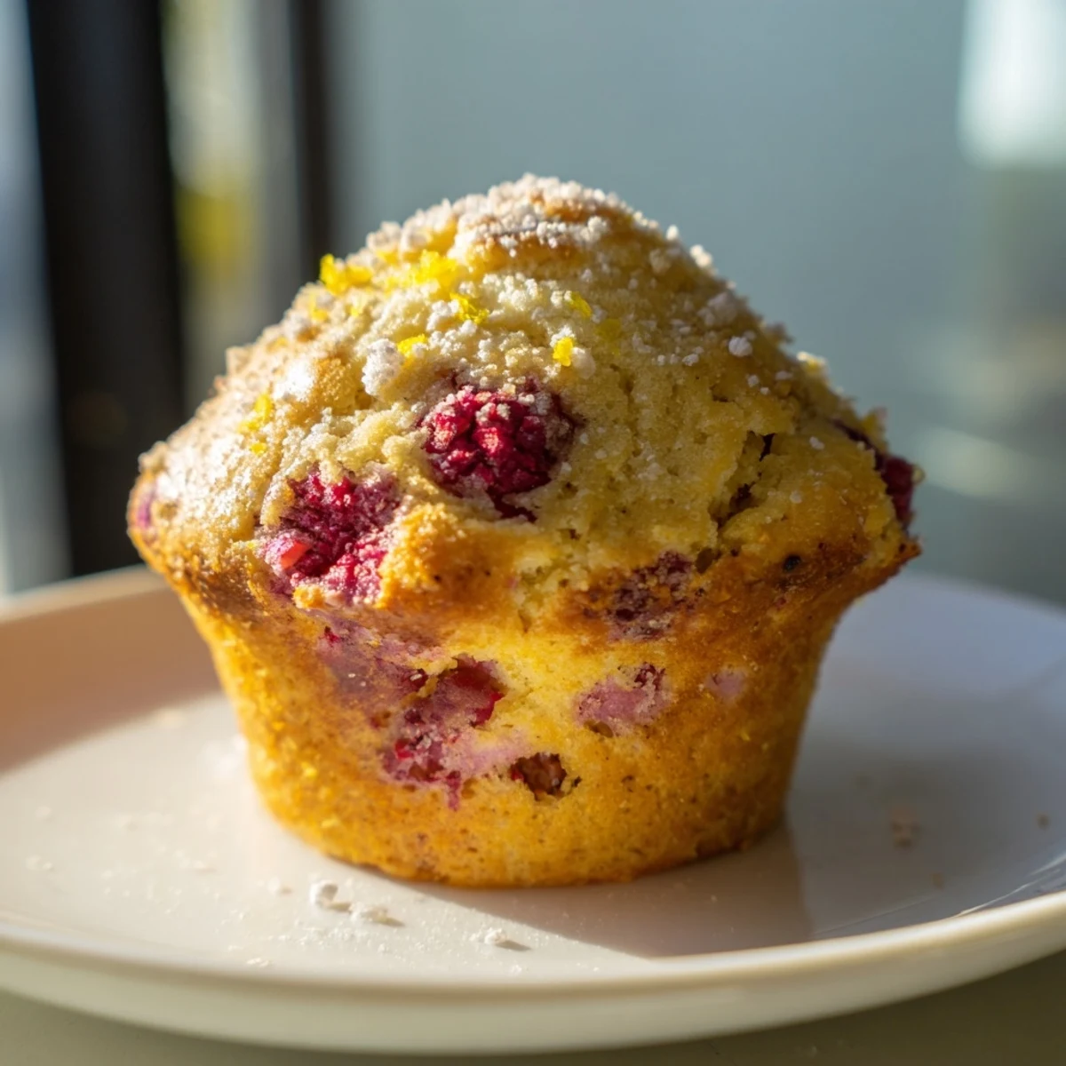 Fluffy lemon raspberry muffins cooling on a wire rack with sugary crust