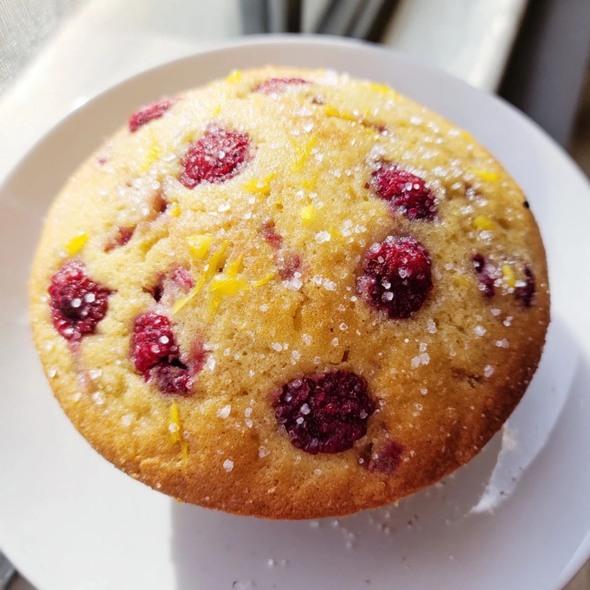 Bursting fresh raspberries throughout these zesty lemon raspberry muffins with golden edges