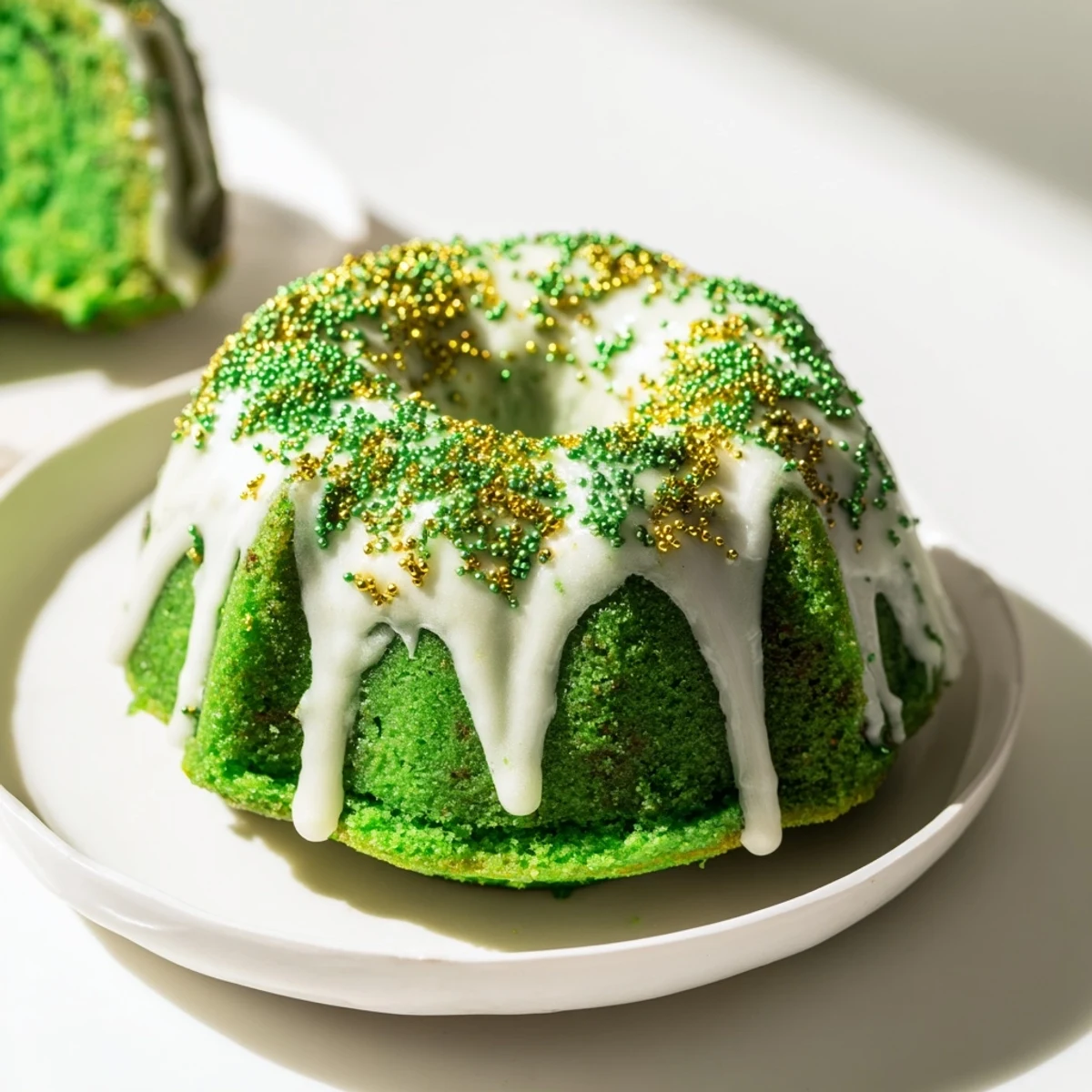 Vibrant green velvet mini bundt cakes topped with vanilla glaze and festive green and gold sprinkles for St. Patricks Day.