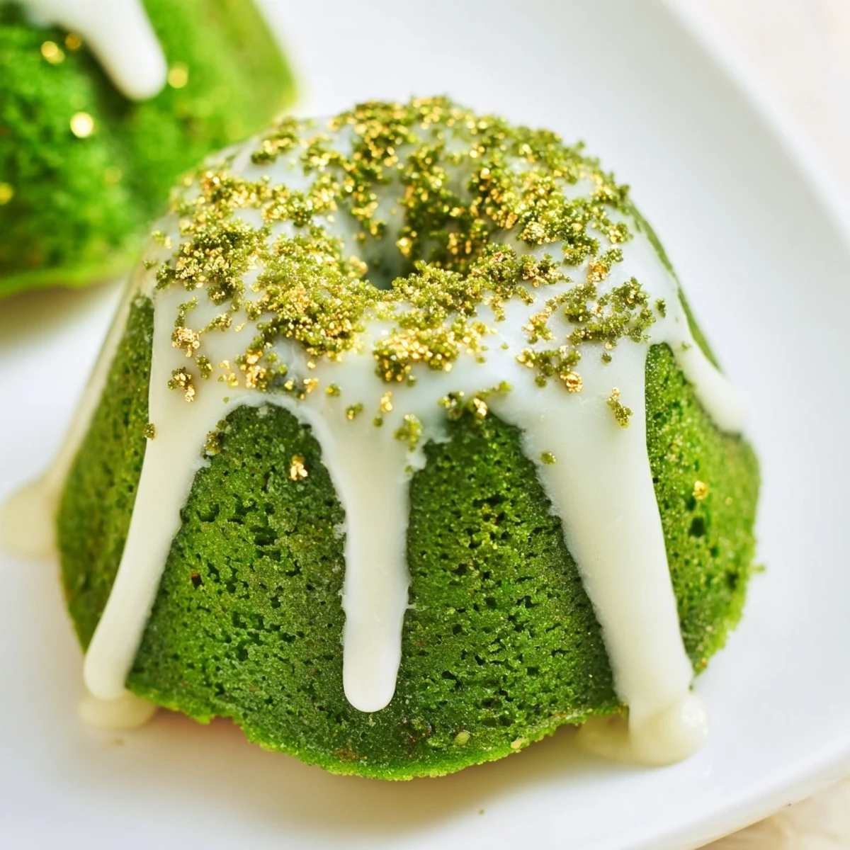 Delightfully moist green mini bundt cakes with creamy white drizzle and colorful sprinkle decorations perfect for St. Patricks Day dessert.
