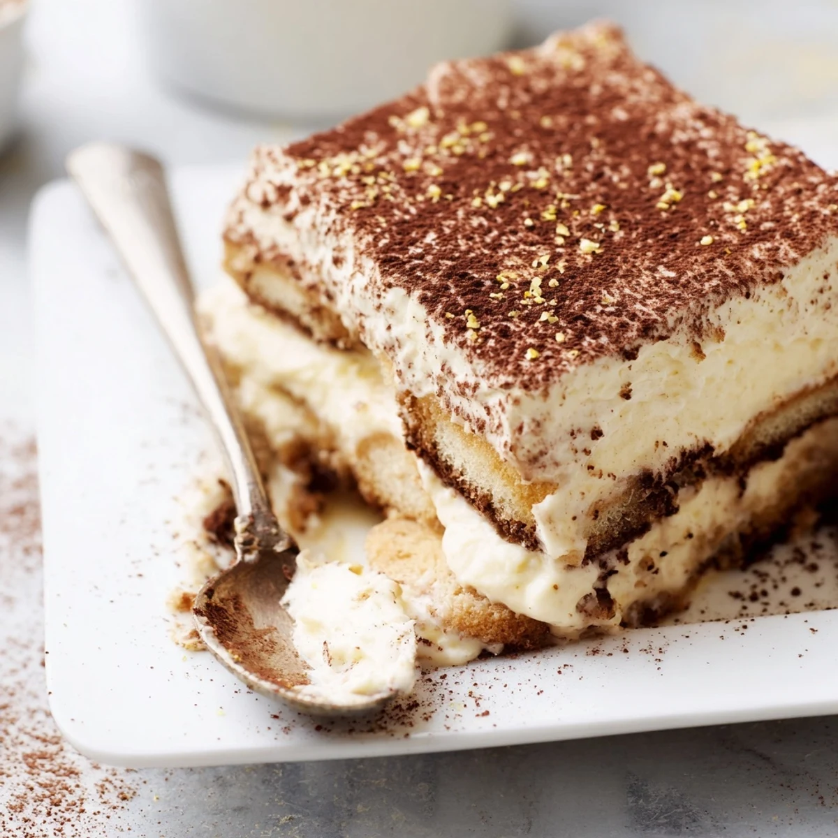 Creamy Earl Grey tiramisu layered with tea-soaked ladyfingers and dusted with rich cocoa powder