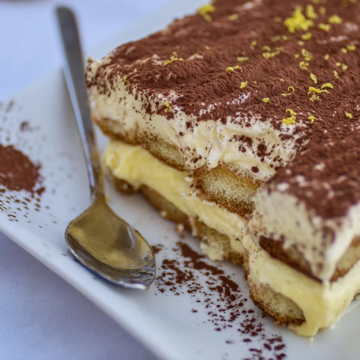 Homemade Earl Grey tiramisu arranged in a glass dish with cocoa-dusted creamy layers