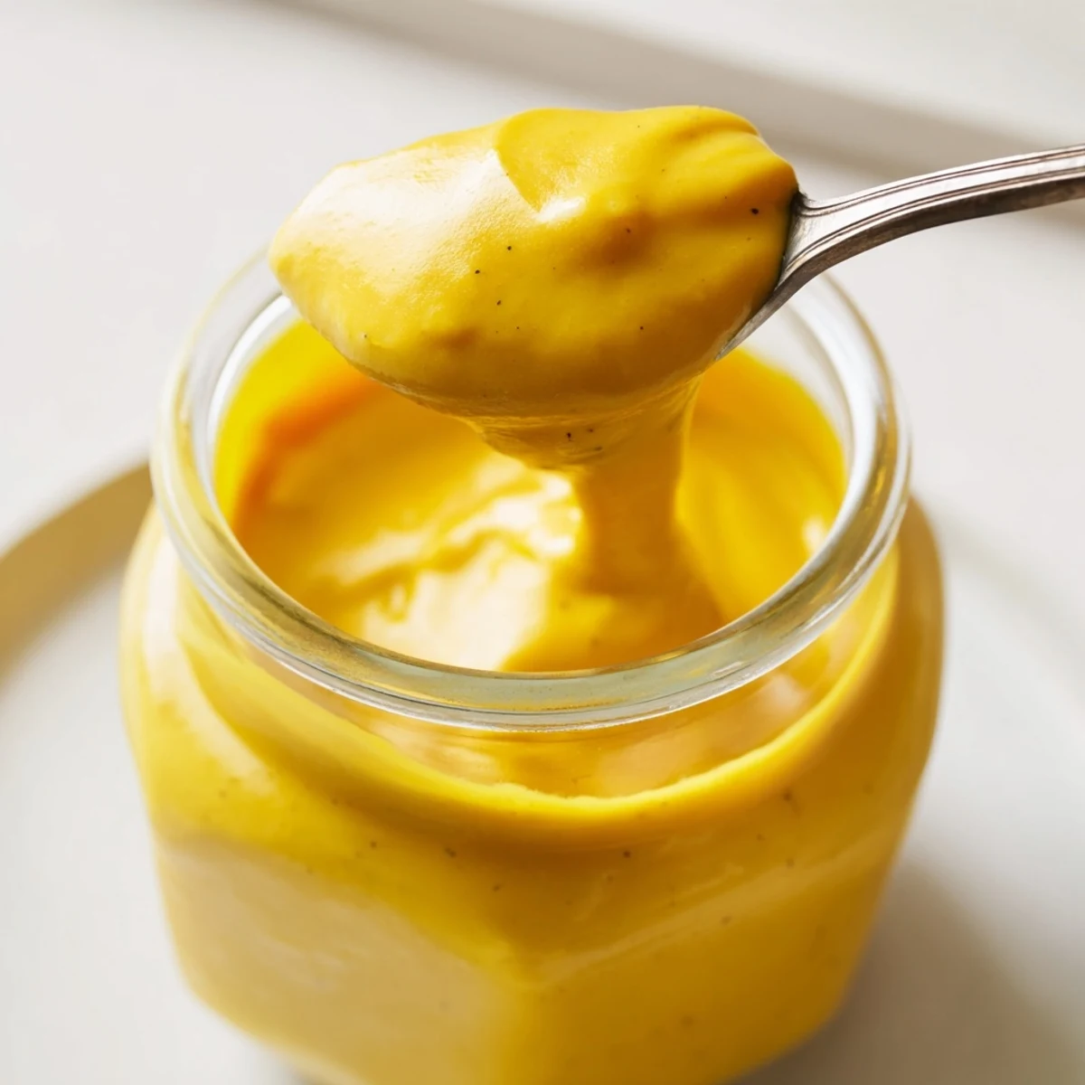Golden vegan mango curd spooned into a glass jar with fresh diced mangoes scattered on the counter