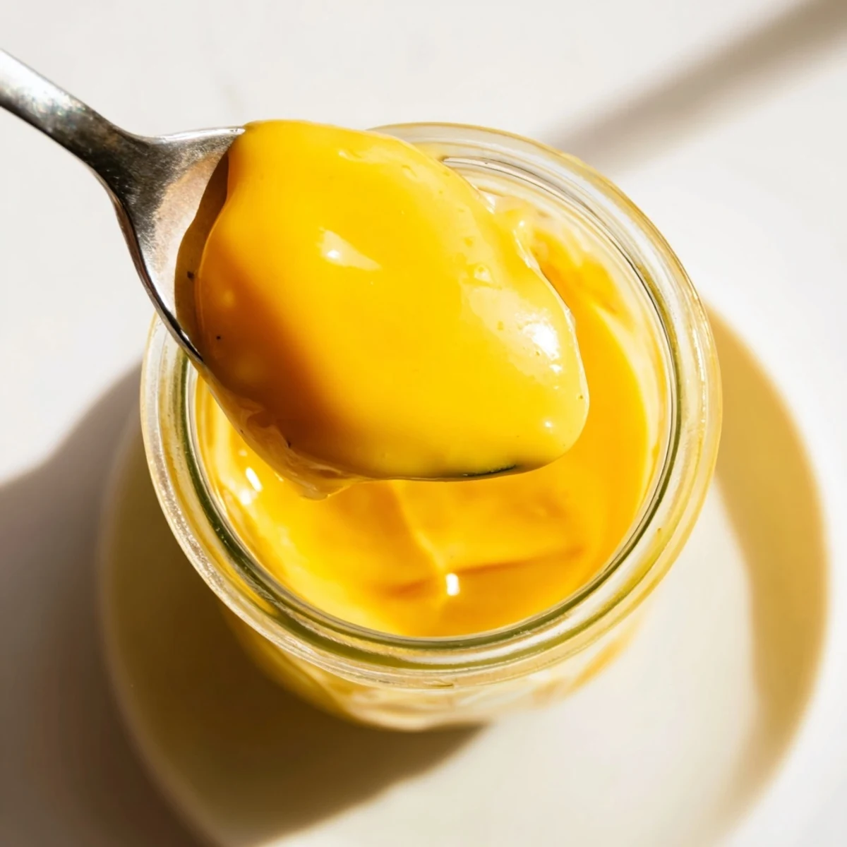 Creamy dairy-free mango curd swirled into a white breakfast bowl topped with fresh mango chunks