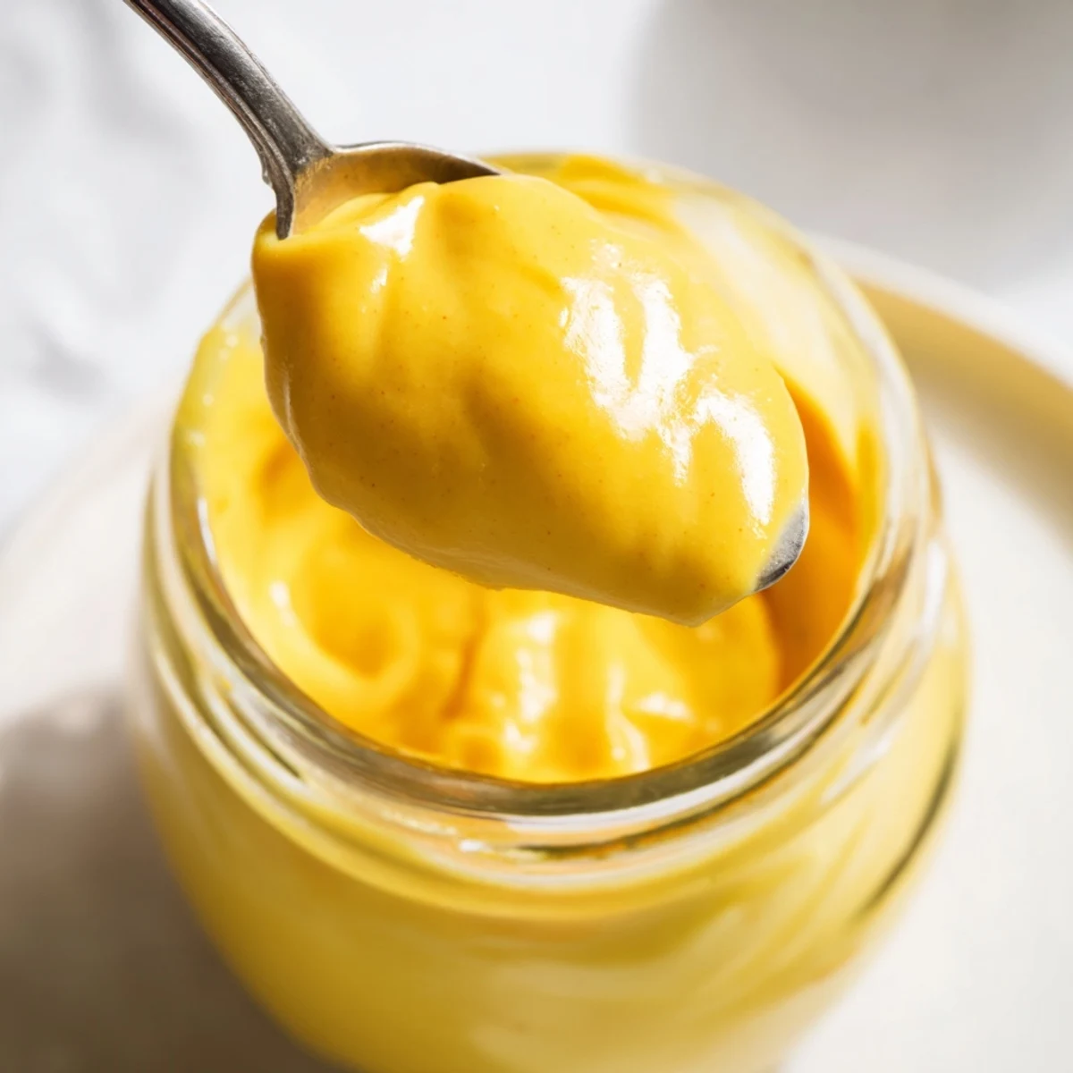 Vibrant yellow vegan mango curd spread generously on toasted sourdough bread slice on wooden board