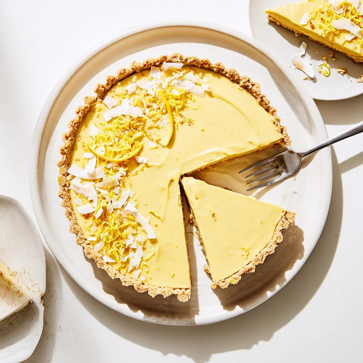 Creamy no bake vegan lemon tart with nutty crust and smooth yellow filling