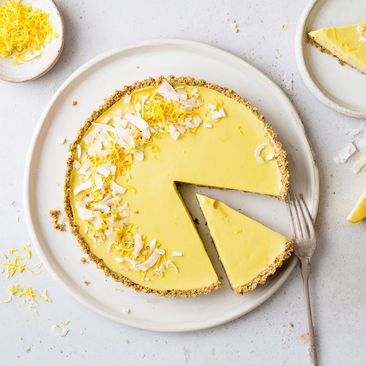 Slice of refreshing no bake vegan lemon tart on a white serving plate