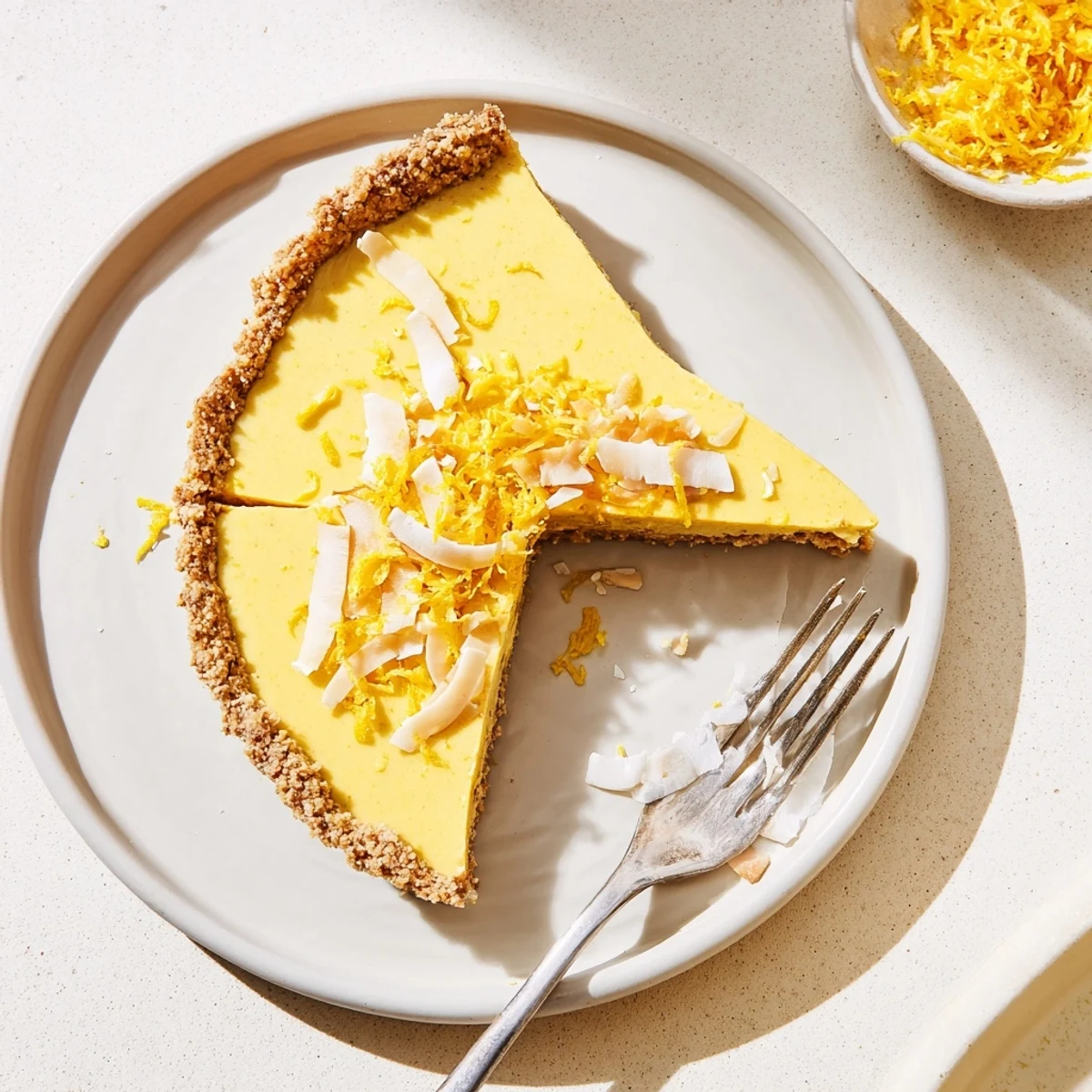 Golden no bake vegan lemon tart garnished with fresh lemon zest and coconut