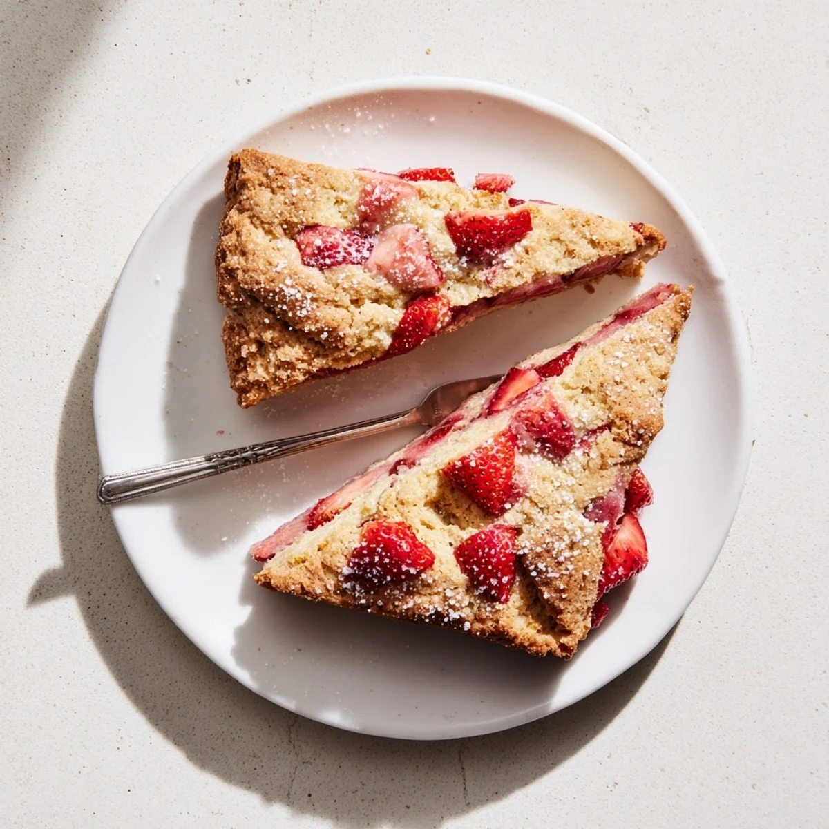 Buttery strawberry scones drizzled with cream and topped with sparkling sugar crystals