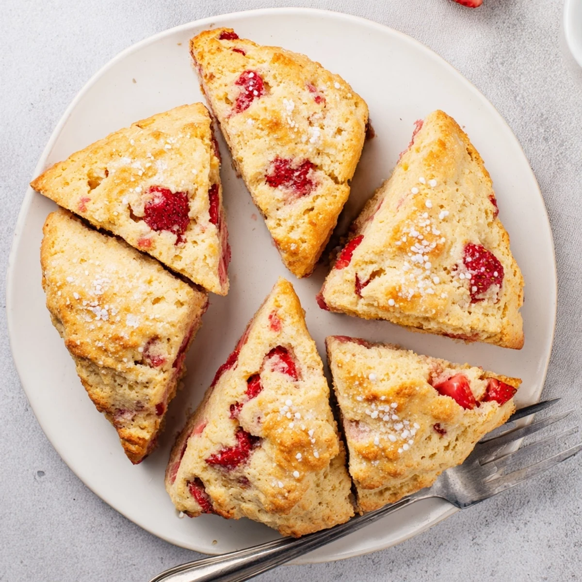 Fresh baked strawberry scones with red berry pieces and golden crusty tops
