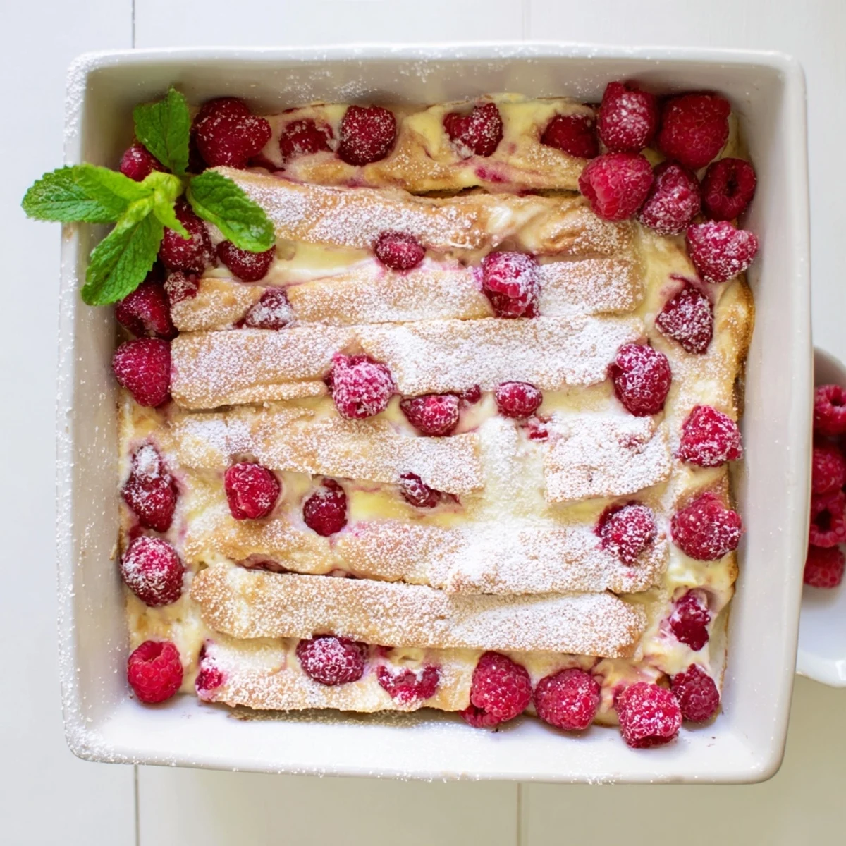 Raspberry tiramisu layered dessert featuring coffee-soaked ladyfingers, creamy mascarpone, and fresh red berries dusted with powdered sugar