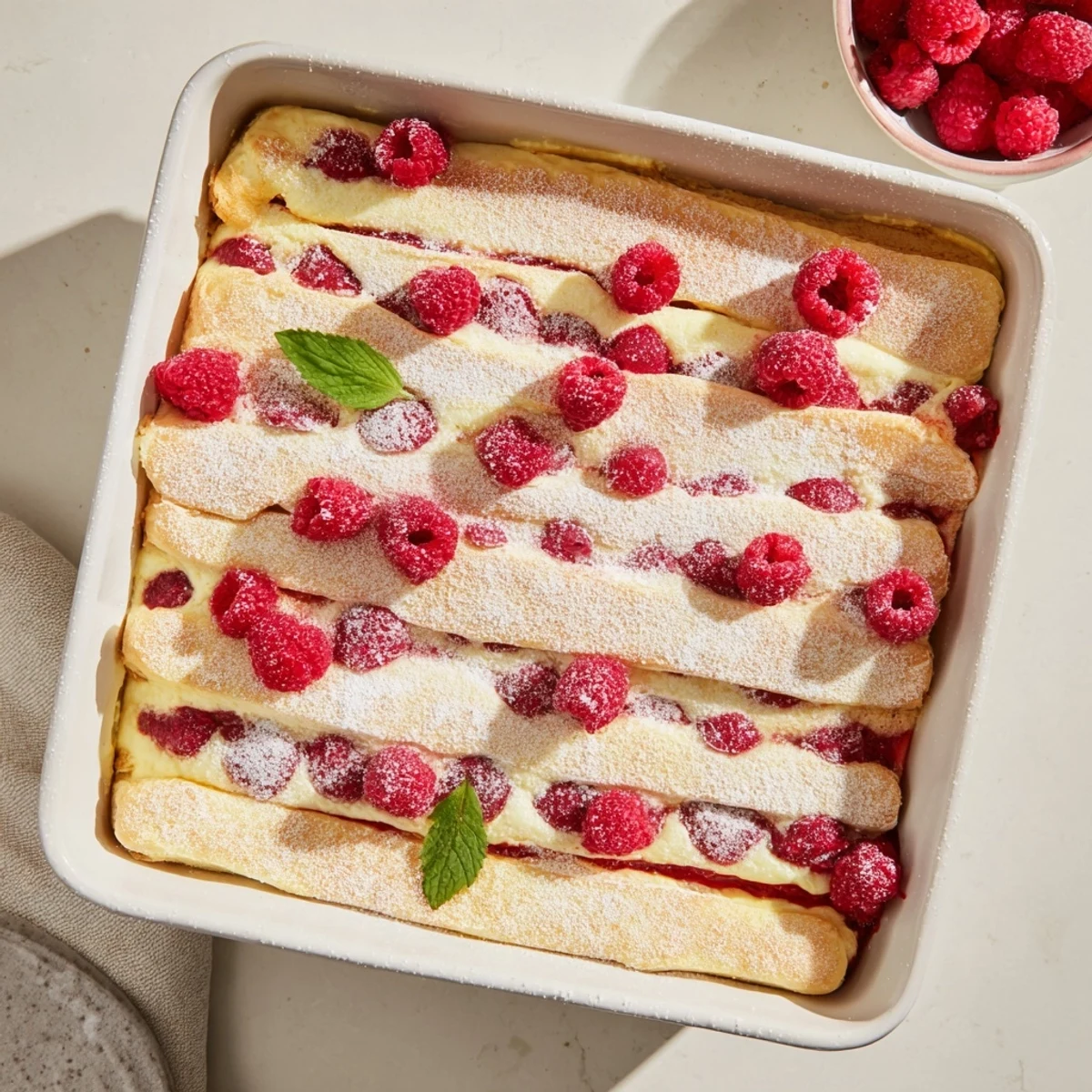 White square dish serving raspberry tiramisu with bright red berry garnish and mint sprigs on top