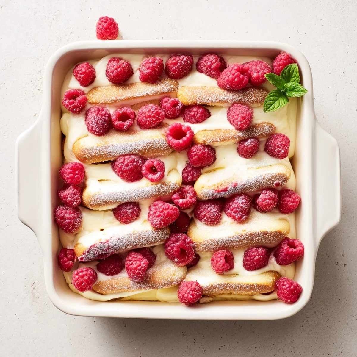 Homemade raspberry tiramisu close-up showing fluffy mascarpone cream layers interspersed with juicy fresh raspberries and espresso-dipped ladyfingers