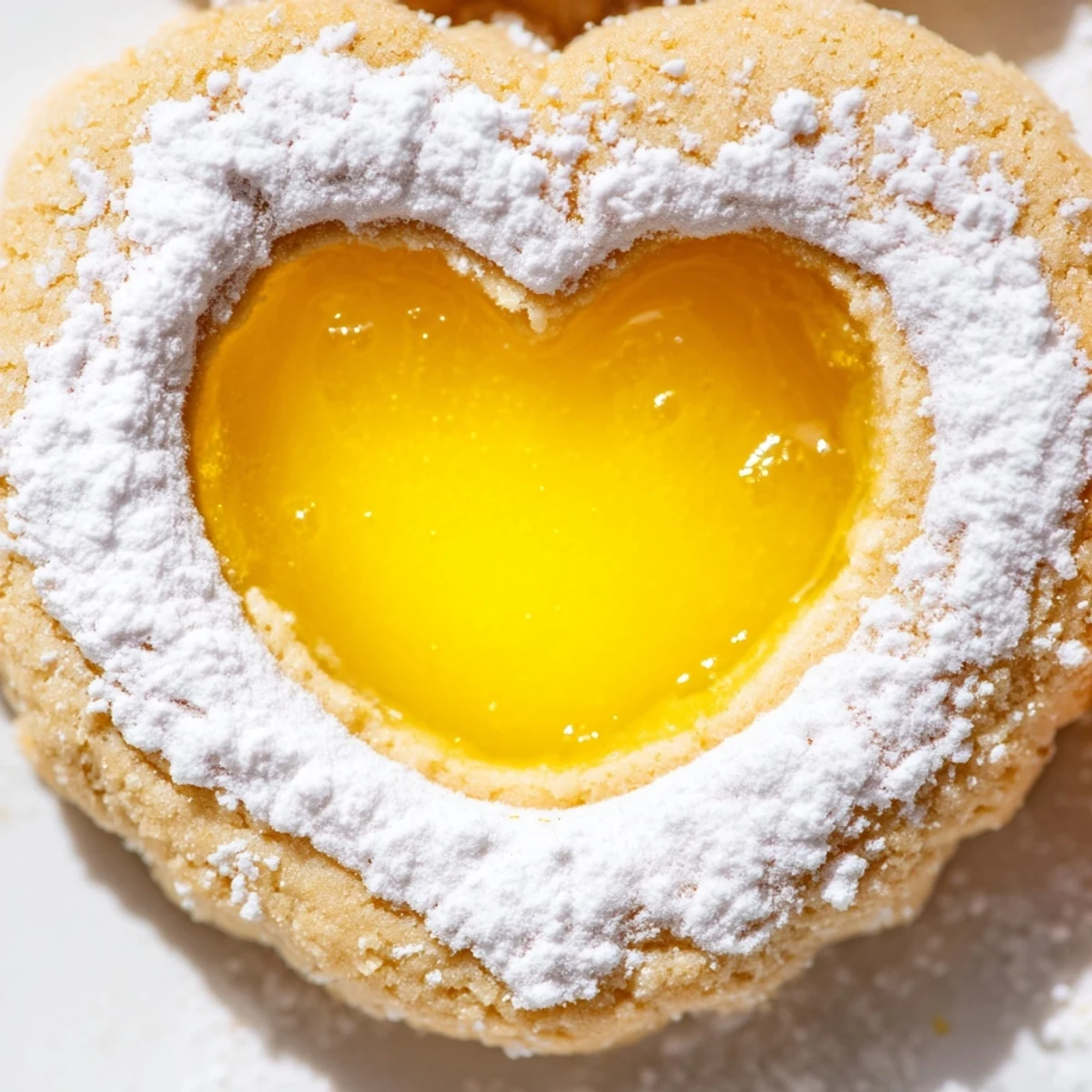 Golden Meyer lemon curd sandwich cookies with cutout windows dusted in powdered sugar