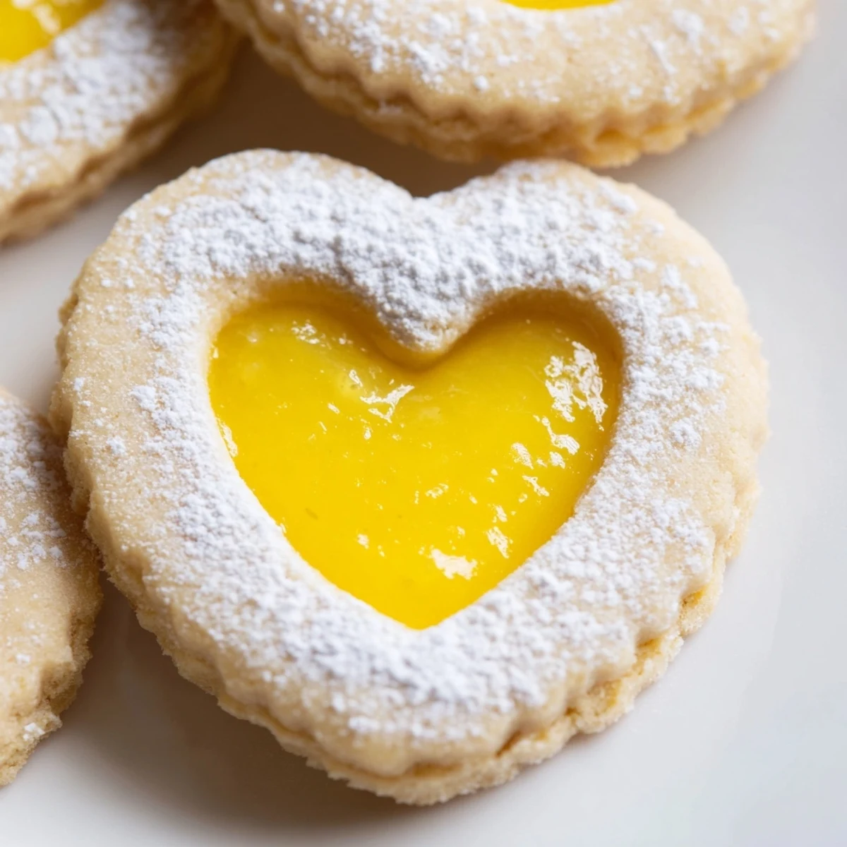 Buttery Linzer cookies filled with tangy Meyer lemon curd on a white serving plate