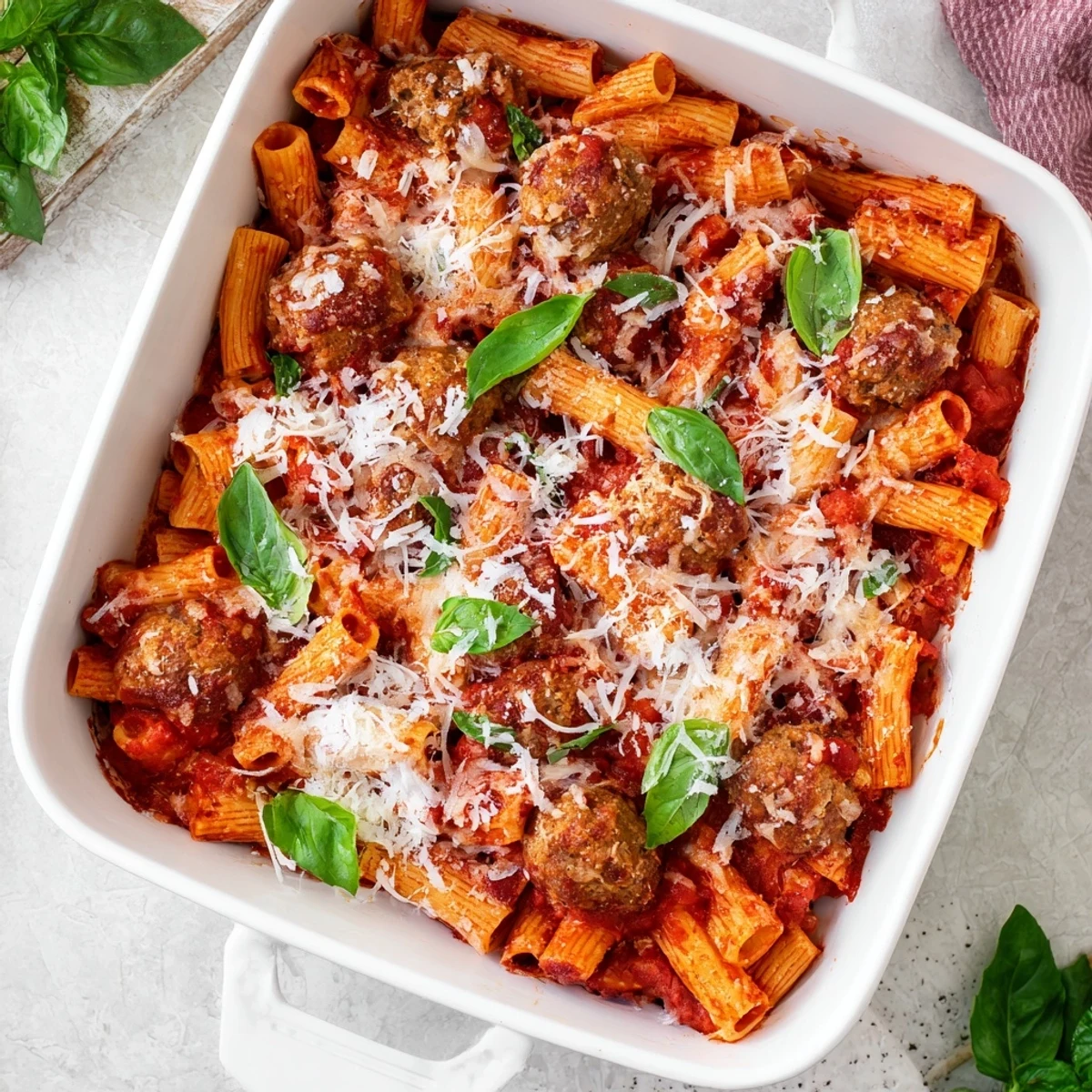 Golden brown Italian meatball pasta bake topped with bubbly melted mozzarella cheese and fresh basil garnish