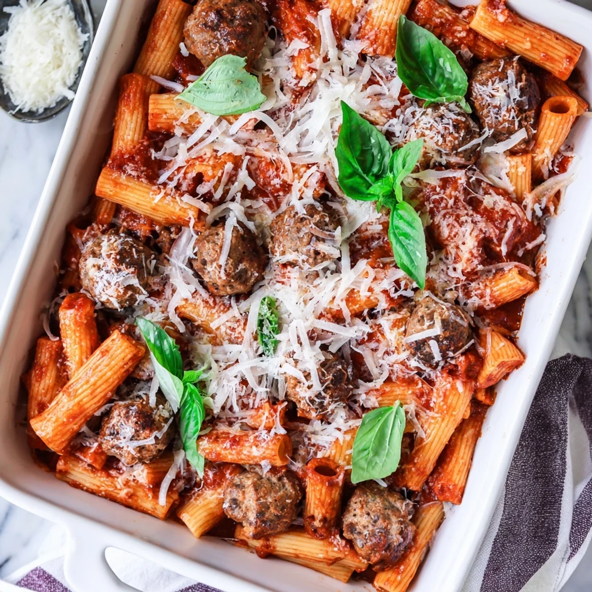 Hearty Italian meatball pasta bake featuring tender beef meatballs nestled in rich tomato sauce under cheesy crust