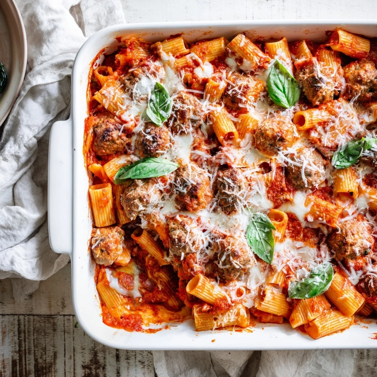 Steam rising from Italian meatball pasta bake with al dente penne, savory meatballs, and golden mozzarella topping