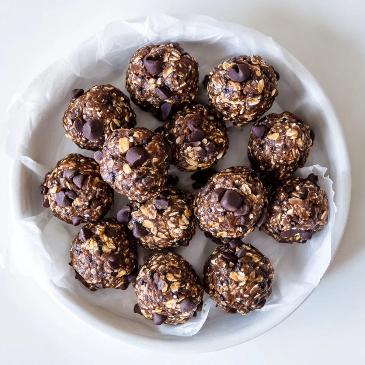 No bake chocolate peanut butter protein balls rolled with mini chocolate chips on a white plate