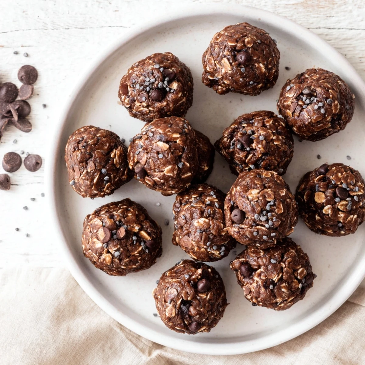 Homemade no bake chocolate peanut butter protein balls sprinkled with oats and ready for refrigeration