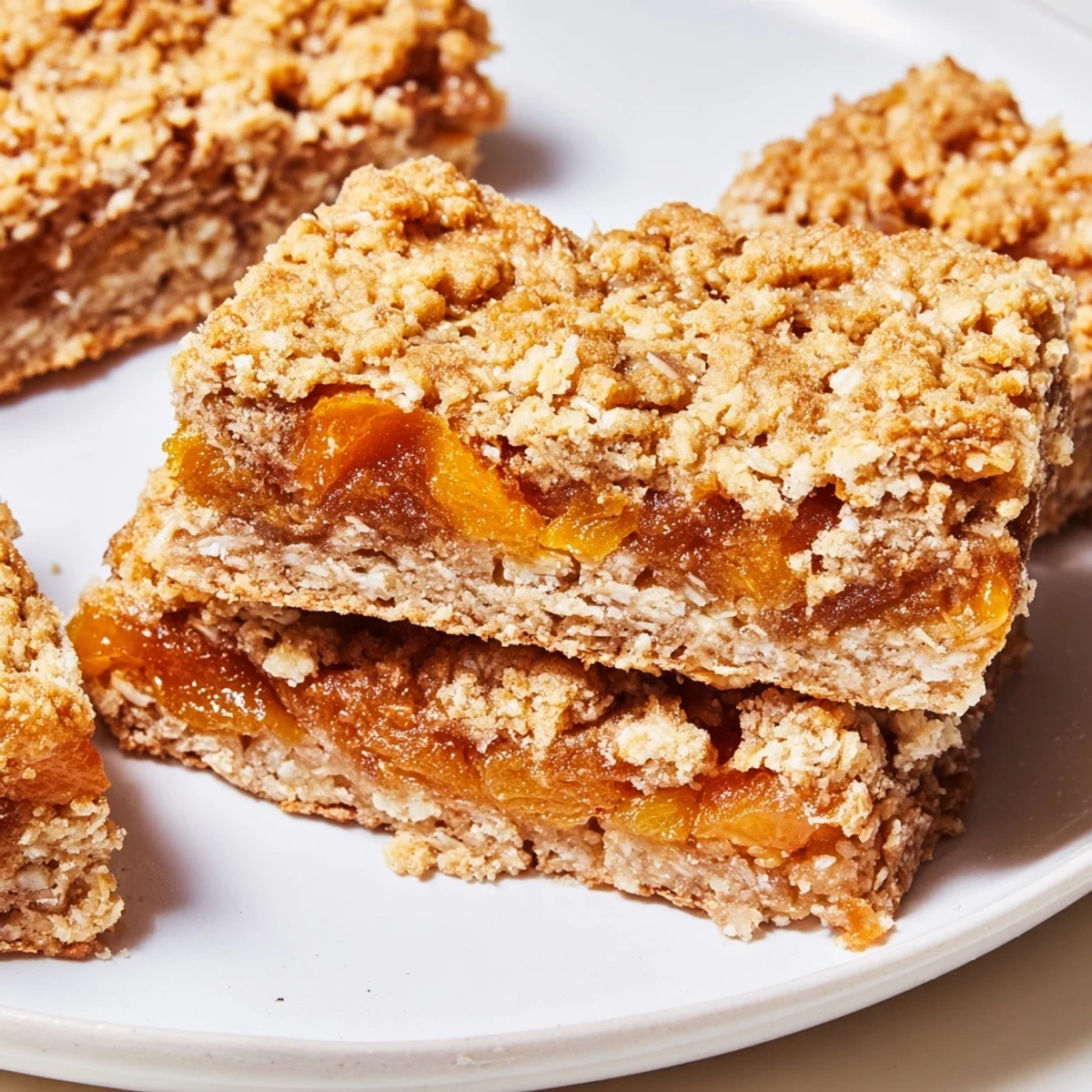 Golden gluten-free oatmeal apricot bars with chewy dried fruit and crumbly oat topping, freshly baked in a square pan.