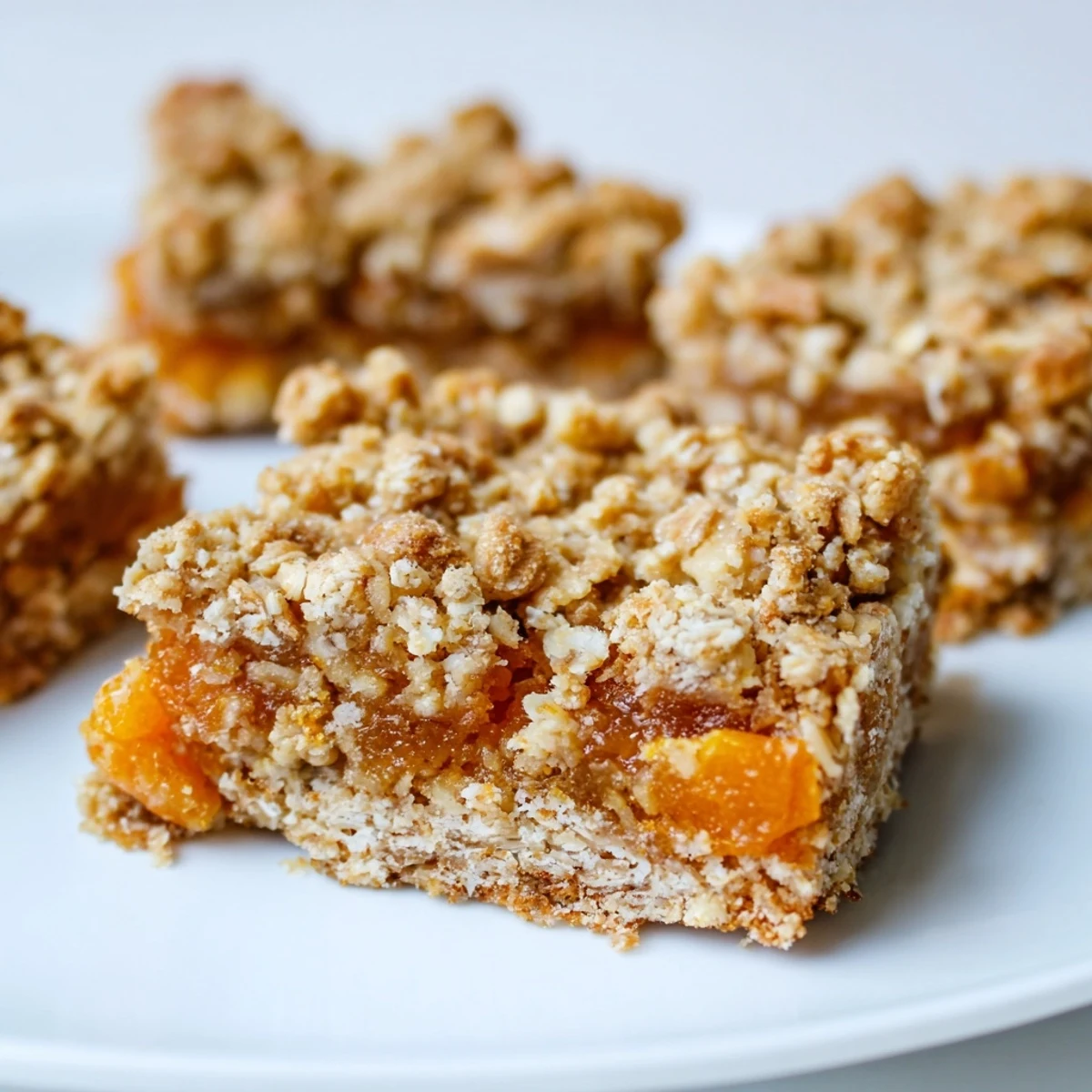 Chewy gluten-free oatmeal apricot bars featuring sweet apricot jam layer and crisp oat crumble, cut into squares on a wooden board.