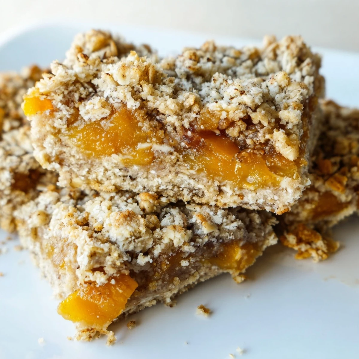 Homemade gluten-free oatmeal apricot bars with golden brown crust, tender fruit filling, and wholesome oats, perfect for breakfast or dessert.
