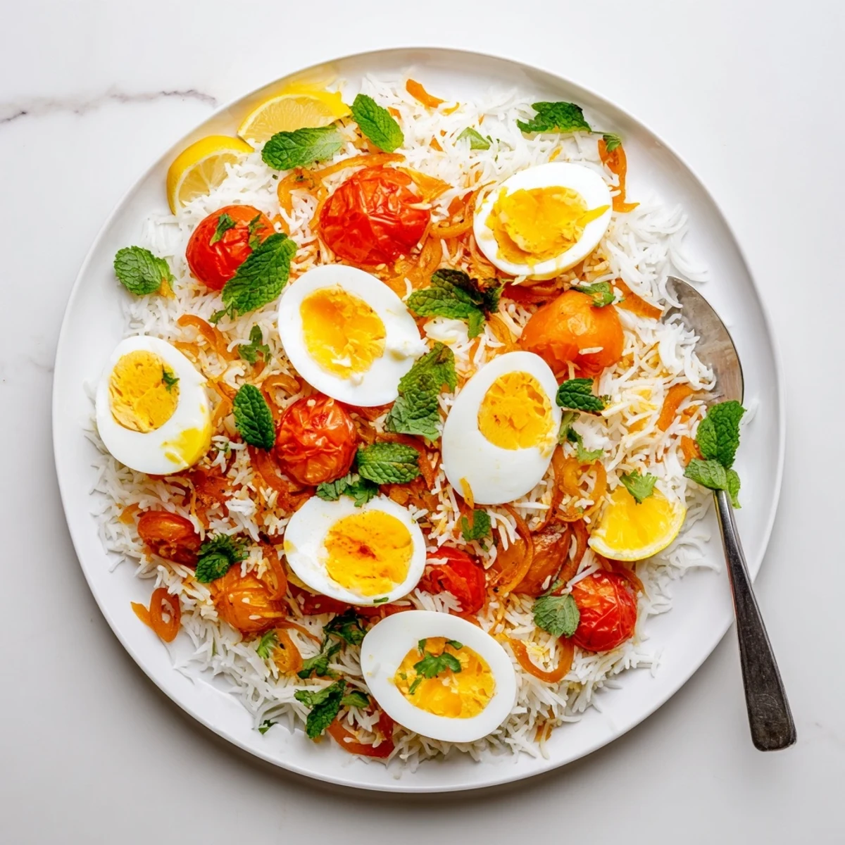 Golden tomato and ginger biryani with fluffy rice and perfectly cooked eggs