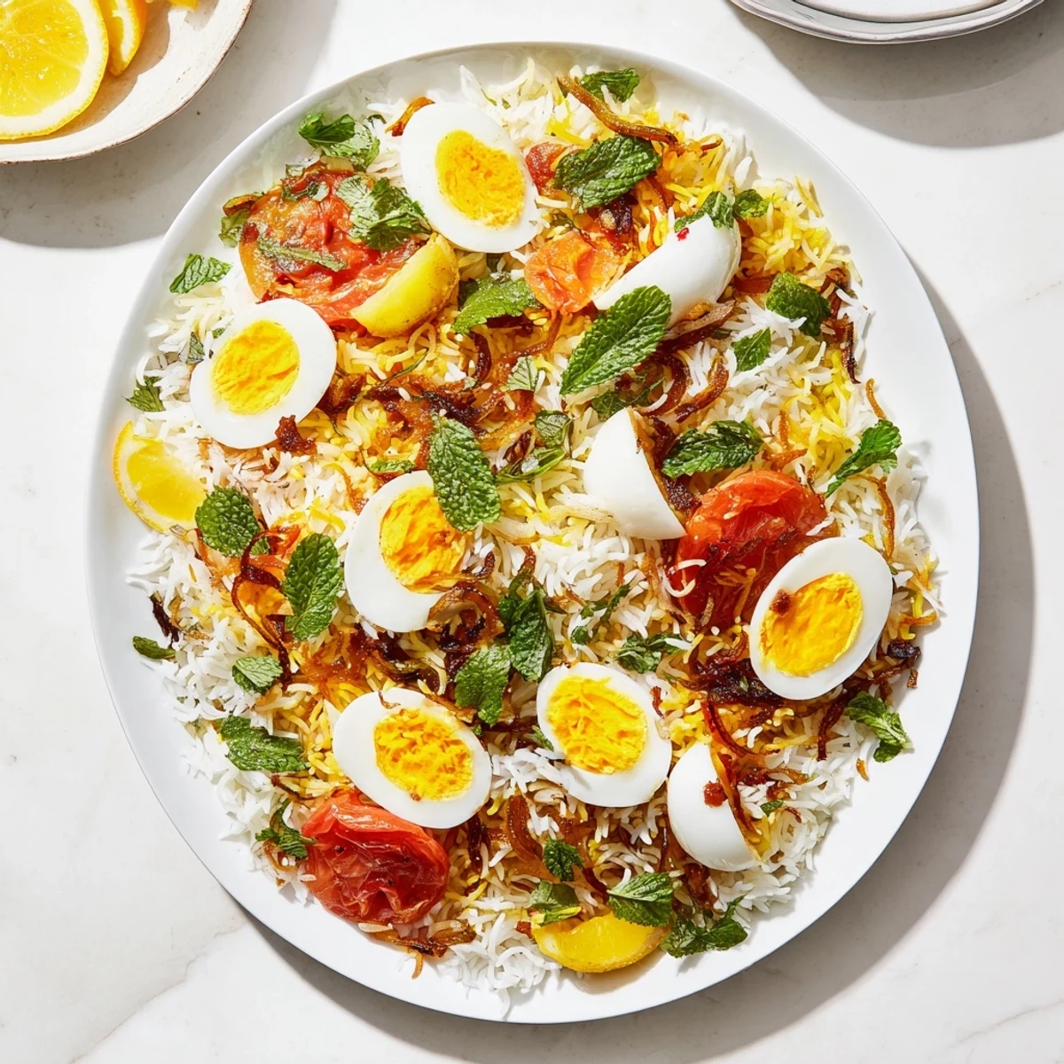 Fragrant Indian tomato ginger rice dish layered with spiced eggs and fresh herbs