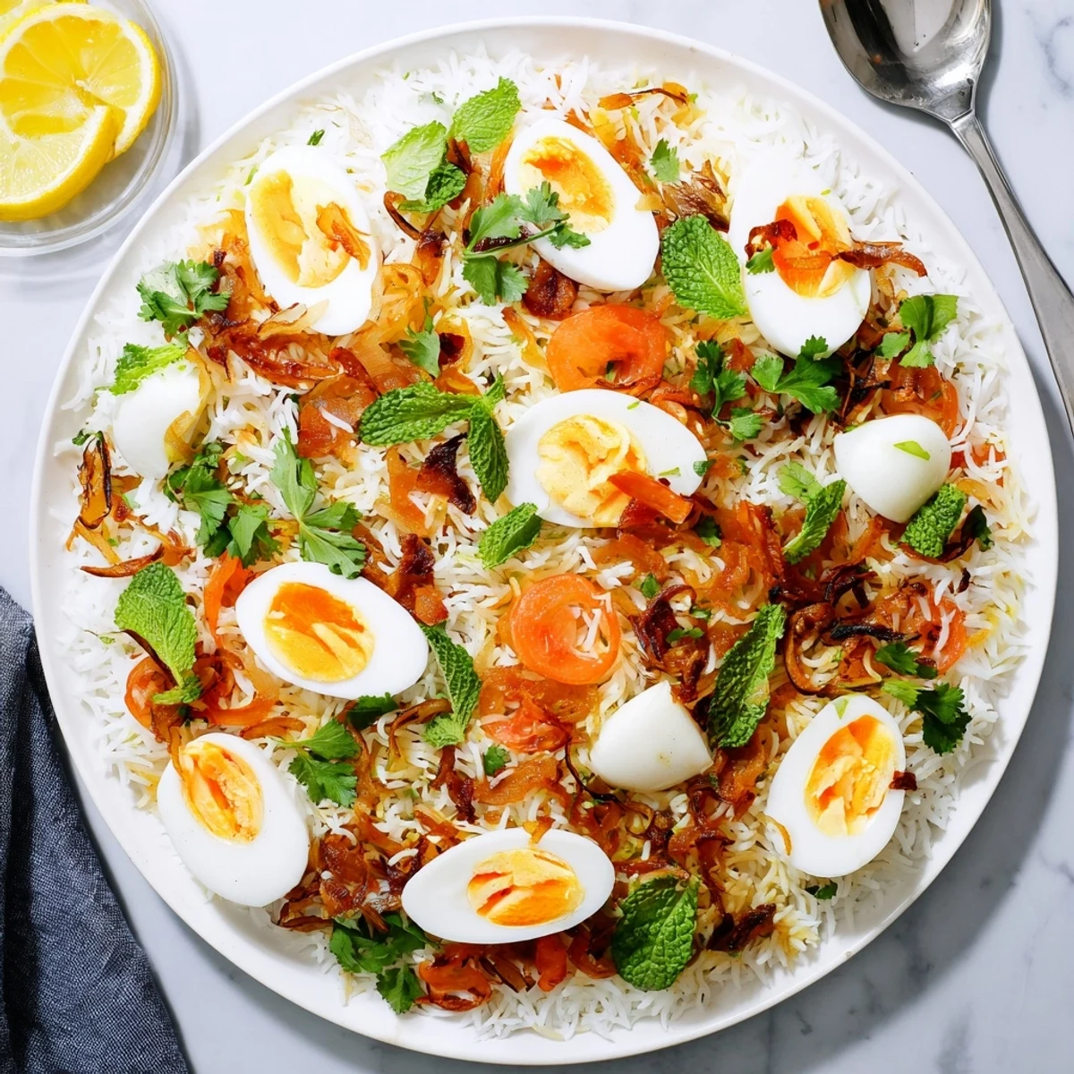 Steaming plate of tomato ginger biryani featuring boiled eggs and aromatic basmati rice